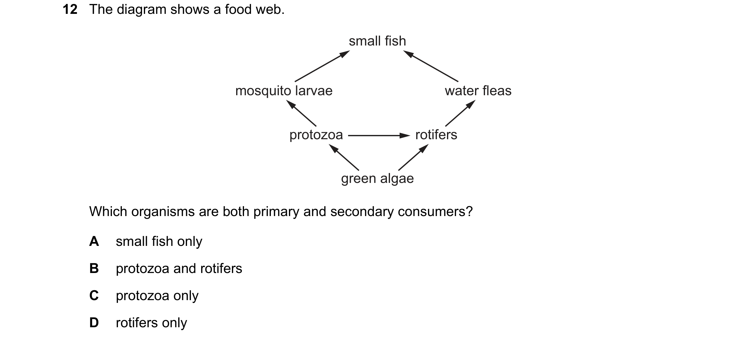 Question 32: The diagram shows a food web. small fish mosquito larvae water fleas protozoa rotifers green algae Which organisms are both primary and sec…