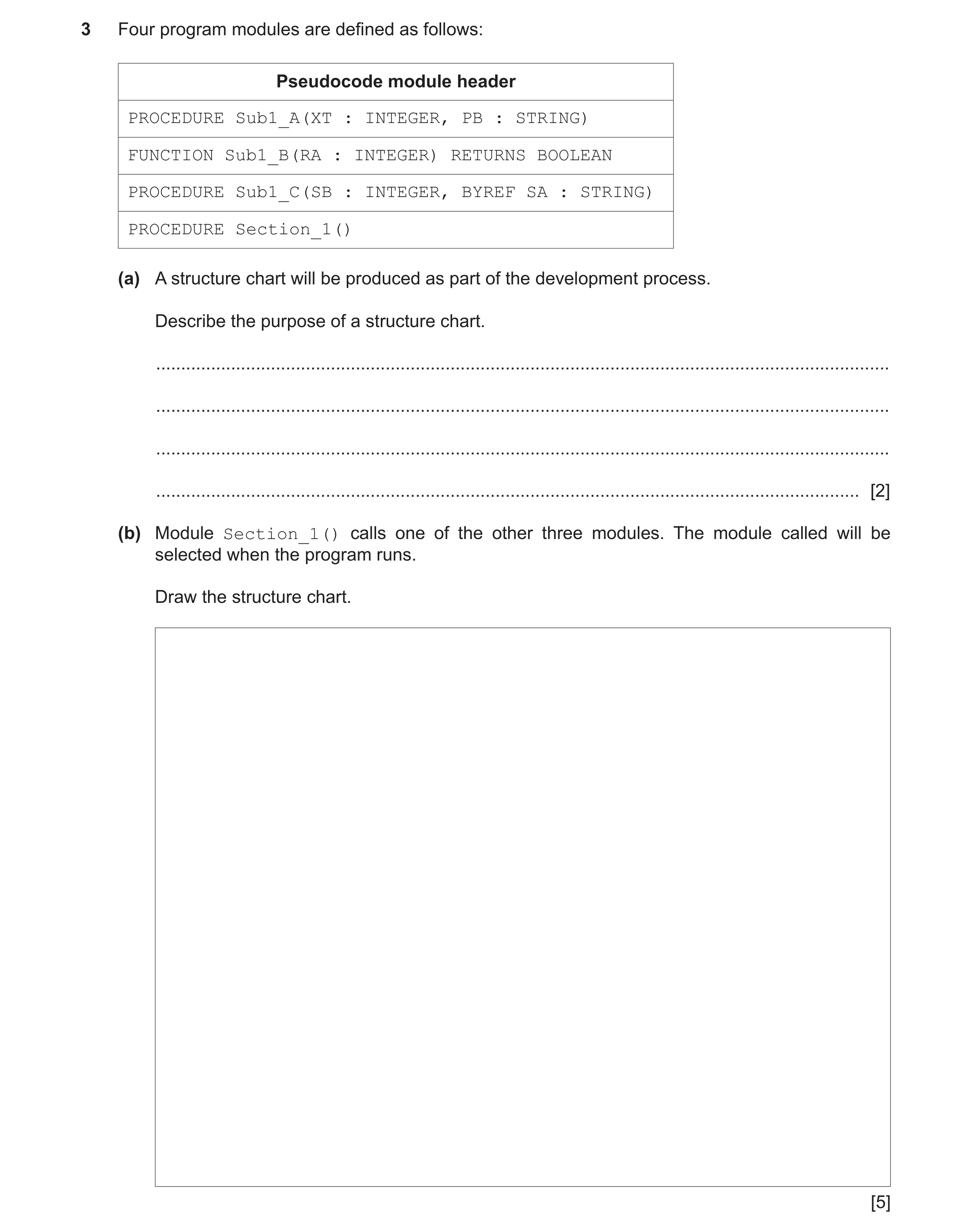 Question 8: Four program modules are defined as follows: Pseudocode module header PROCEDURE Sub1_A(XT : INTEGER, PB : STRING) FUNCTION Sub1_B(RA : INTE…