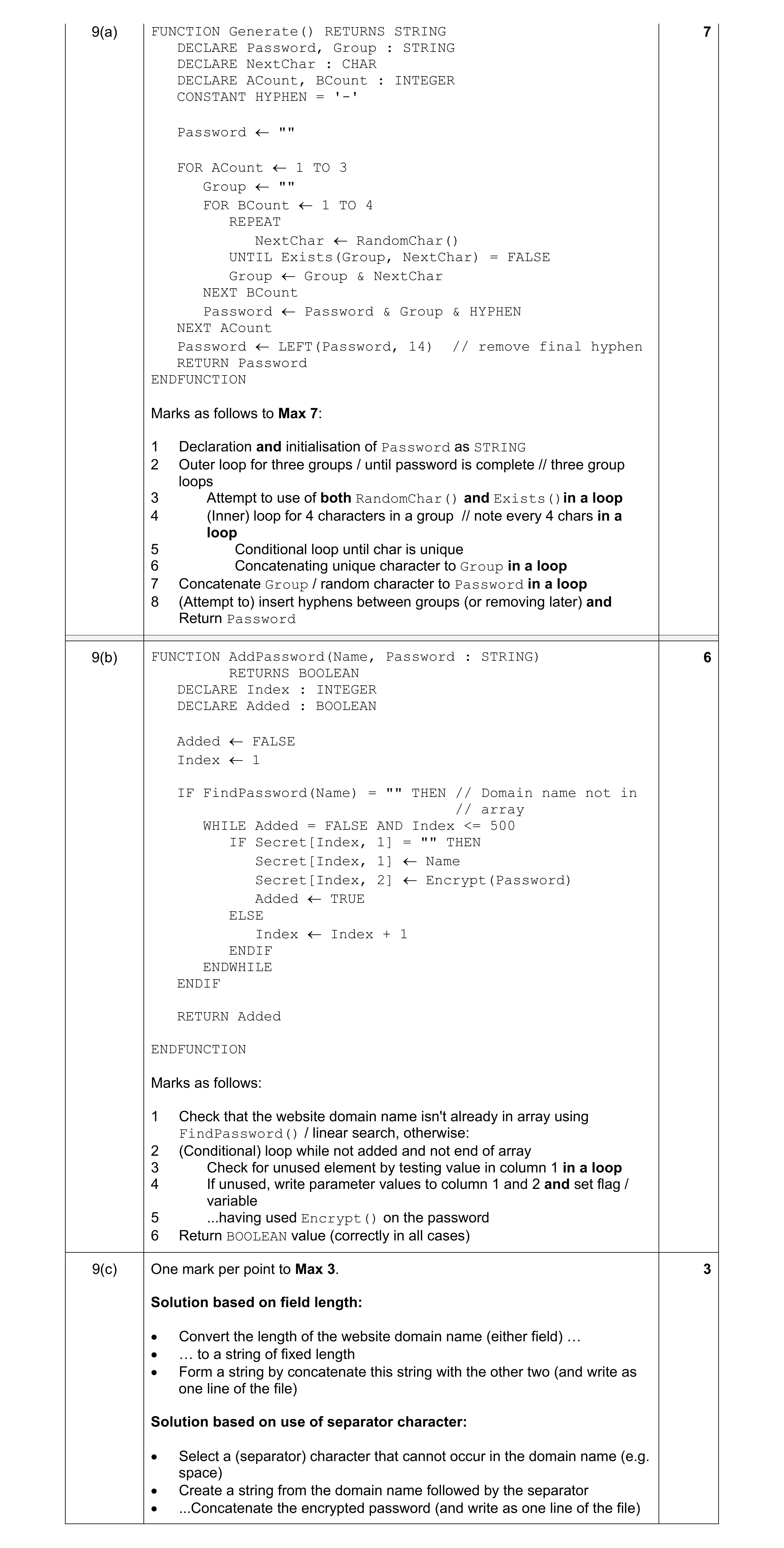 Mark scheme for question 10