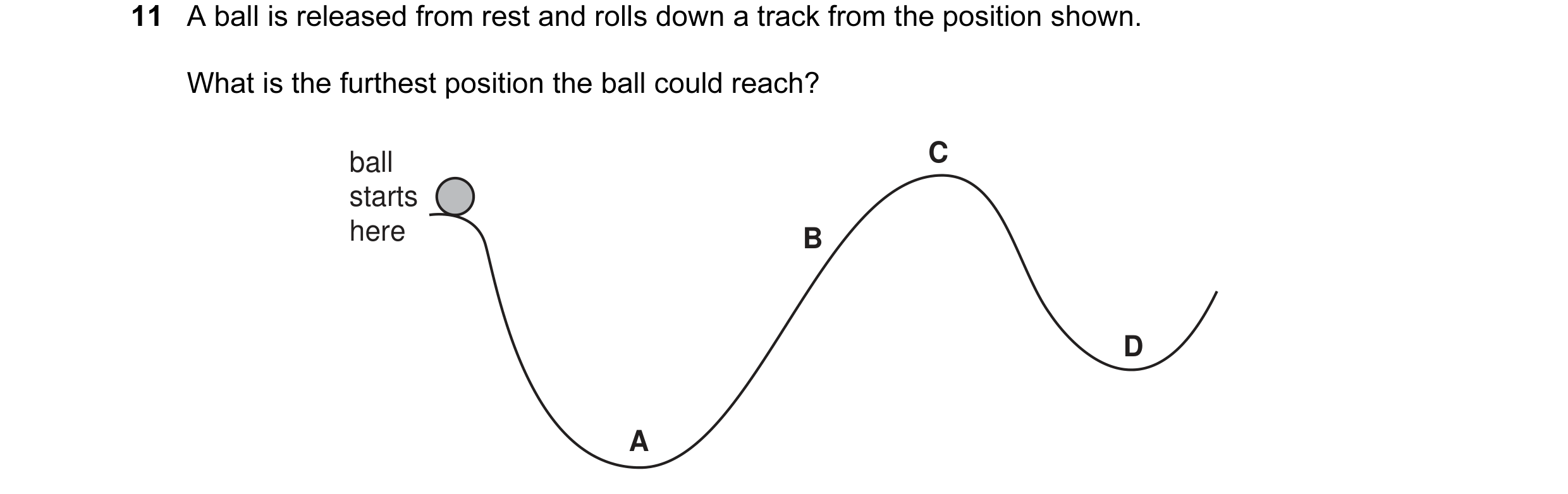 Question 3: A ball is released from rest and rolls down a track from the position shown. What is the furthest position the ball could reach? ball C sta…