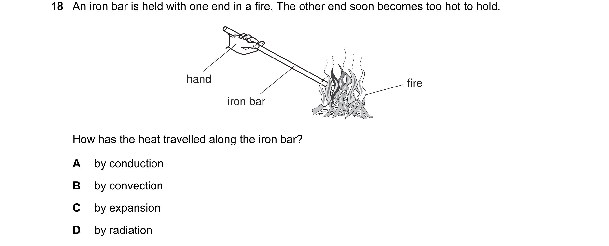 Question 1: An iron bar is held with one end in a fire. The other end soon becomes too hot to hold. hand fire iron bar How has the heat travelled along…