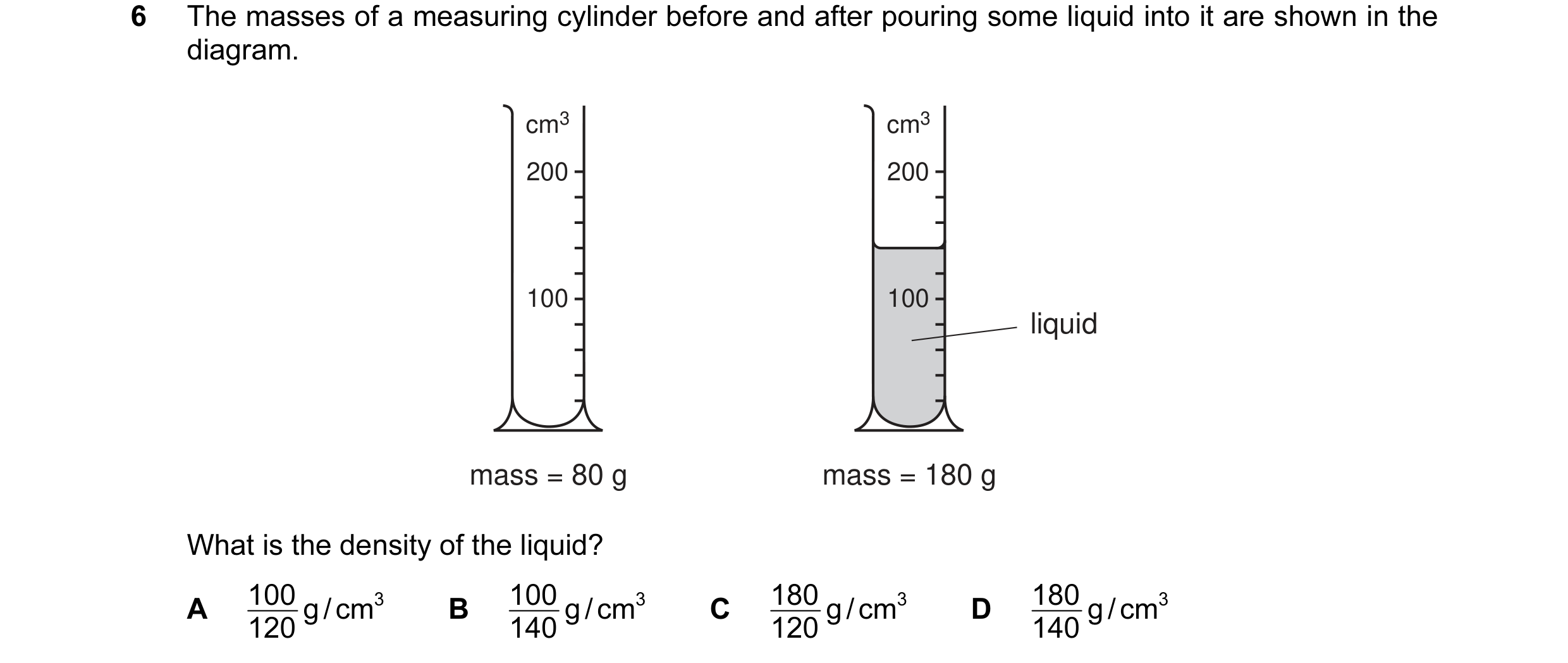 Question 1: The masses of a measuring cylinder before and after pouring some liquid into it are shown in the diagram. cm3 cm3 200 200 100 100 liquid ma…