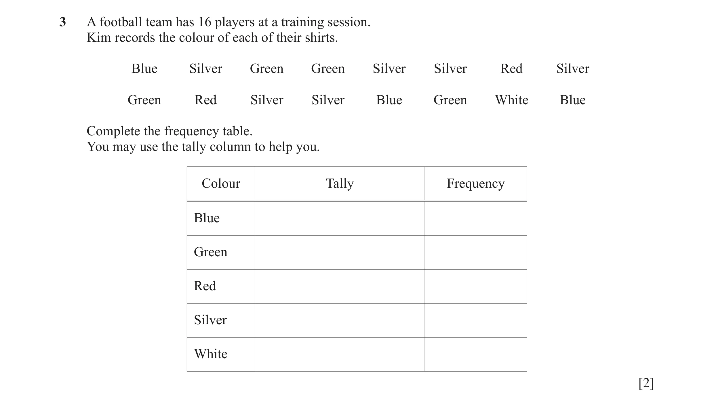 Question 12: A football team has 16 players at a training session. Kim records the colour of each of their shirts. Blue Silver Green Green Silver Silver…