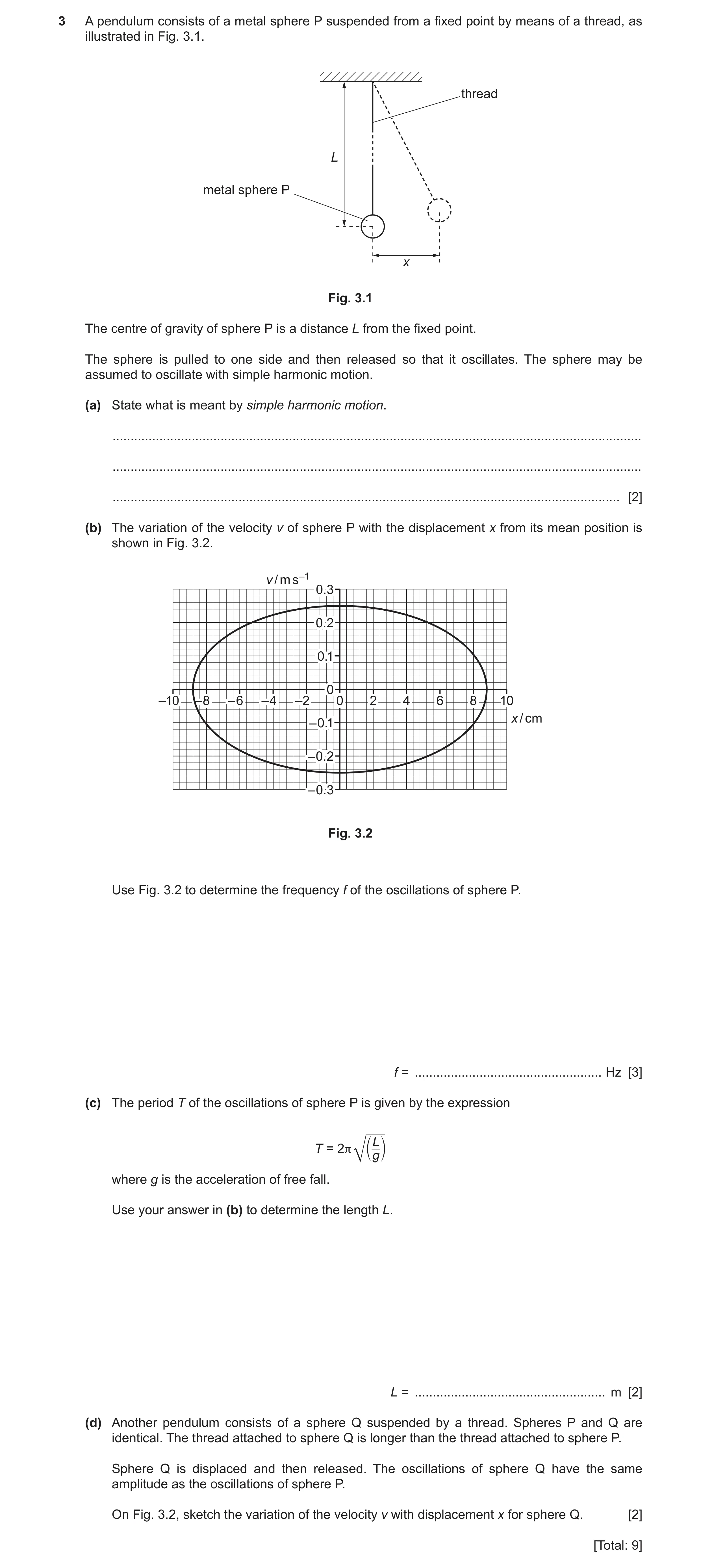 Question 25: A pendulum consists of a metal sphere P suspended from a fixed point by means of a thread, as illustrated in Fig. 3.1. thread L metal spher…