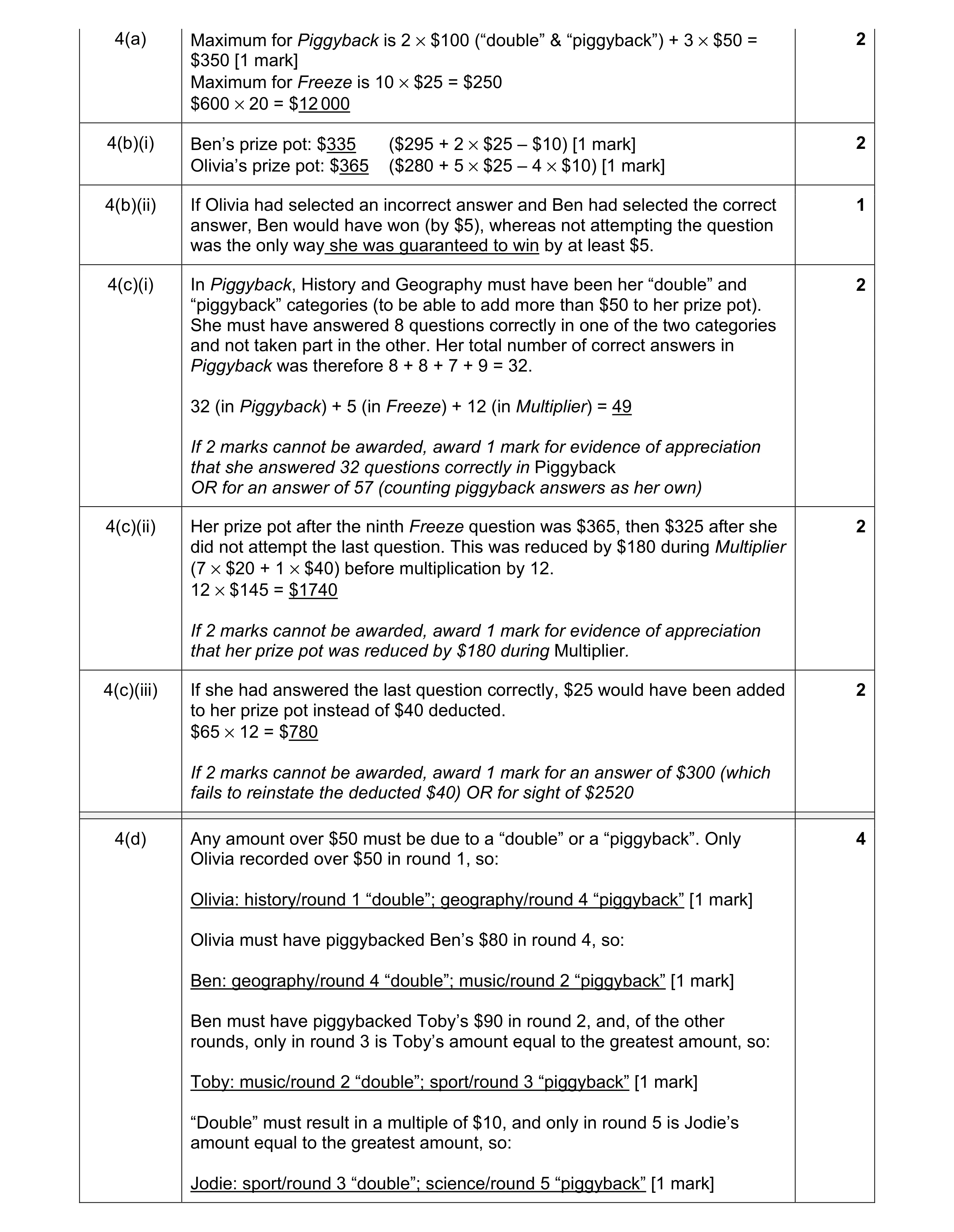 Mark scheme for question 8