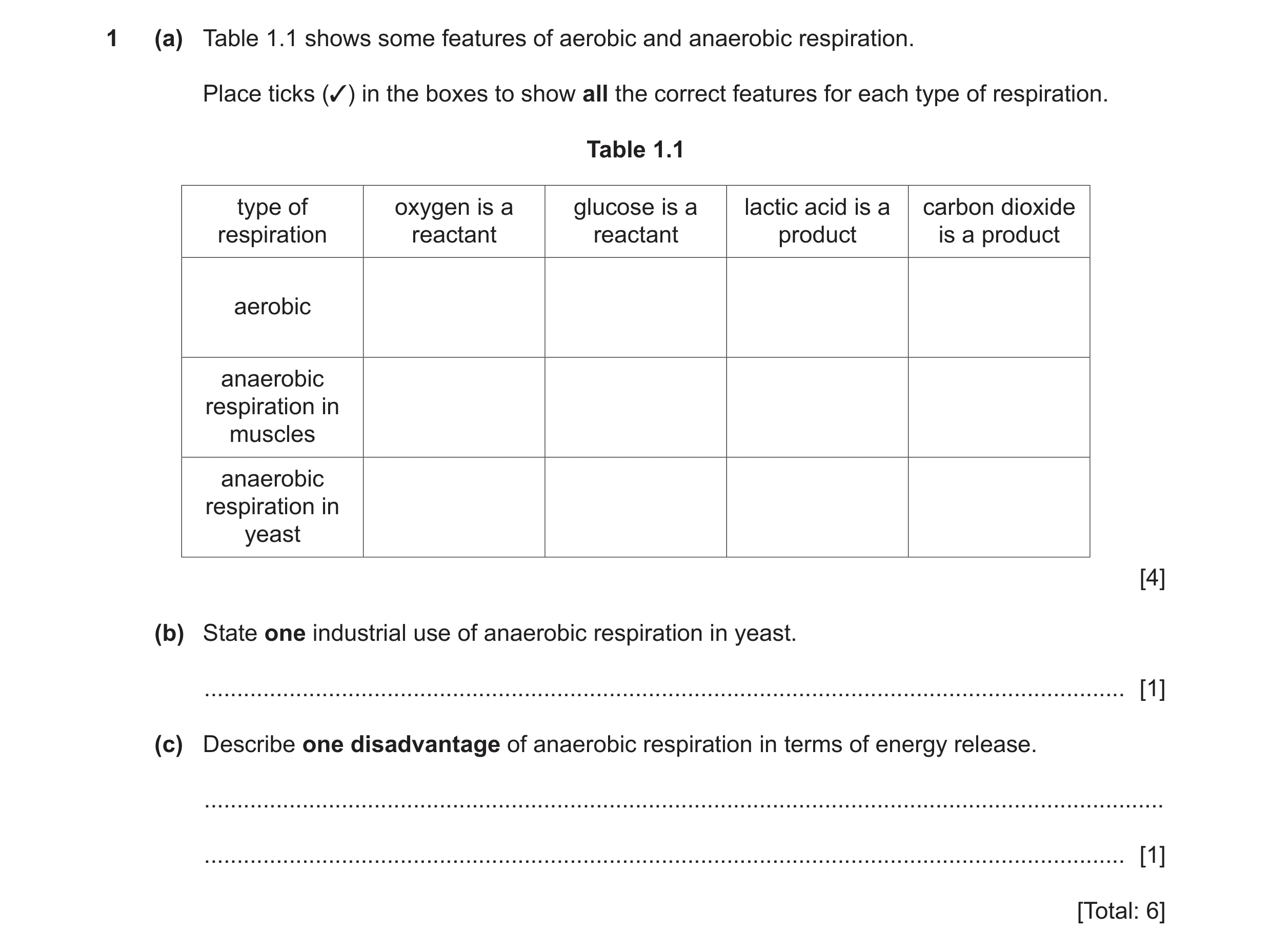 Question 13: (a) Table 1.1 shows some features of aerobic and anaerobic respiration. Place ticks (3) in the boxes to show all the correct features for e…