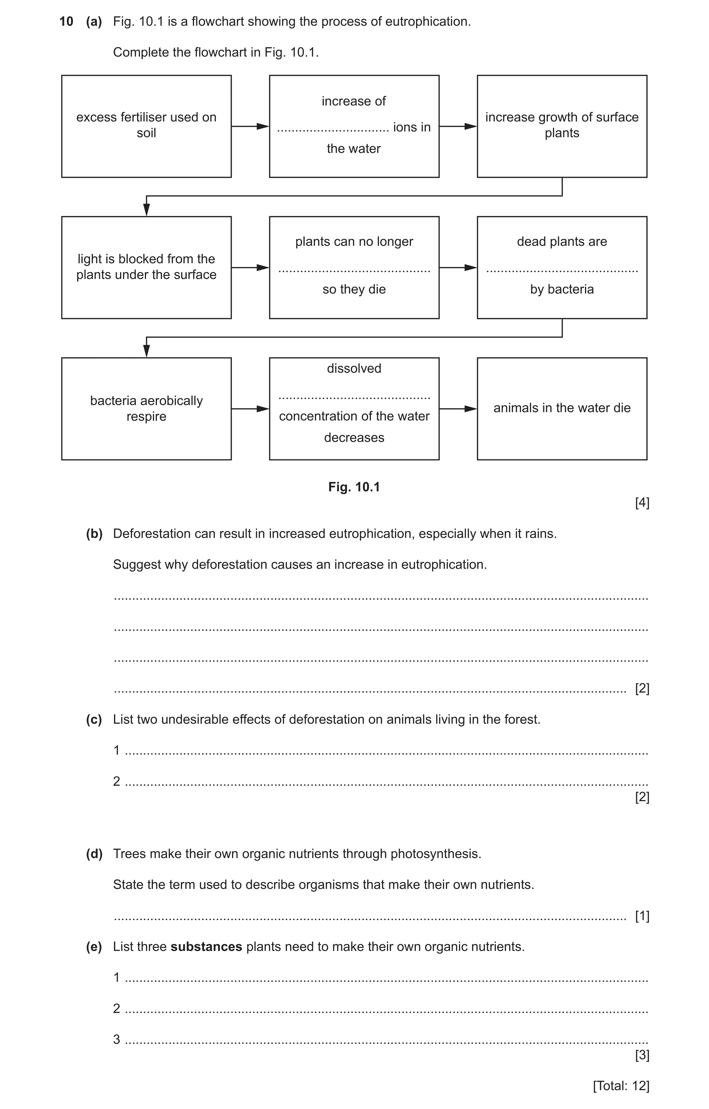 Question 7: (a) Fig. 10.1 is a flowchart showing the process of eutrophication. Complete the flowchart in Fig. 10.1. increase of excess fertiliser used…