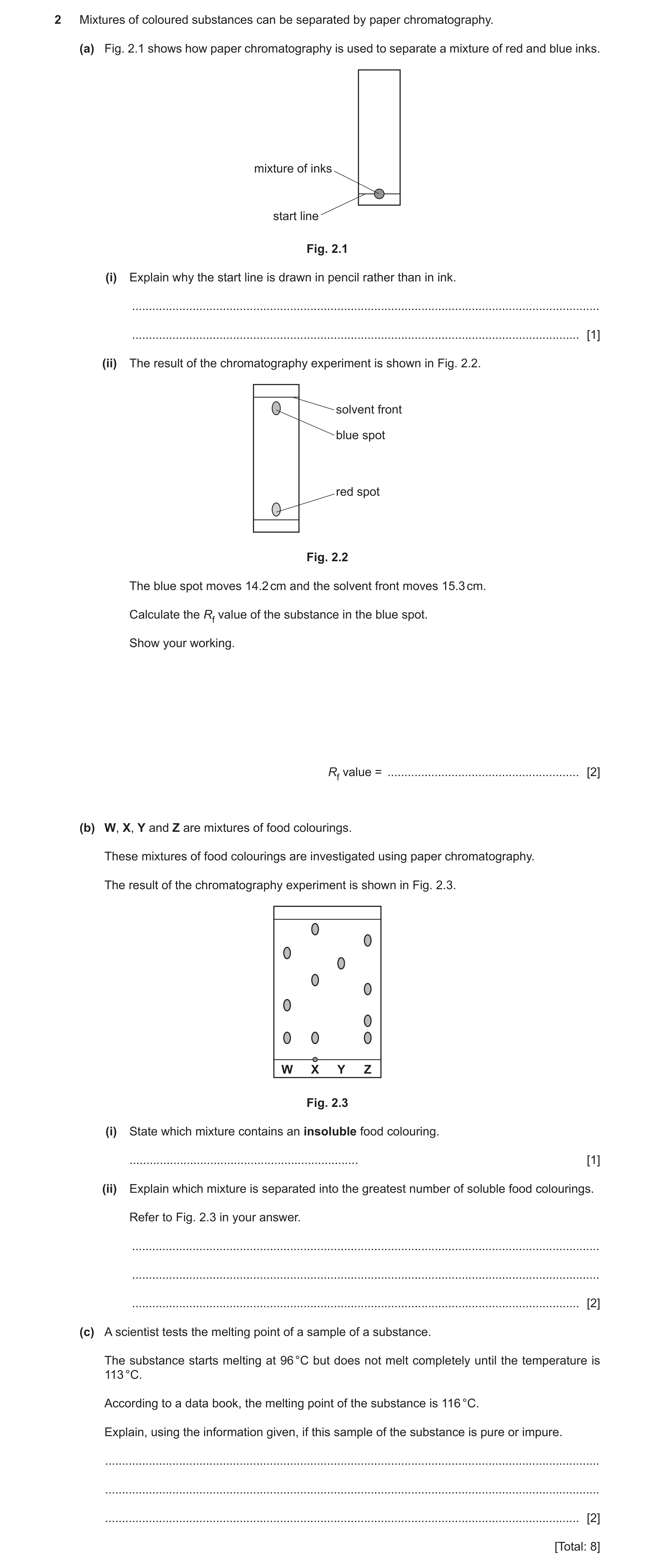 Question 8: Mixtures of coloured substances can be separated by paper chromatography. (a) Fig. 2.1 shows how paper chromatography is used to separate a…