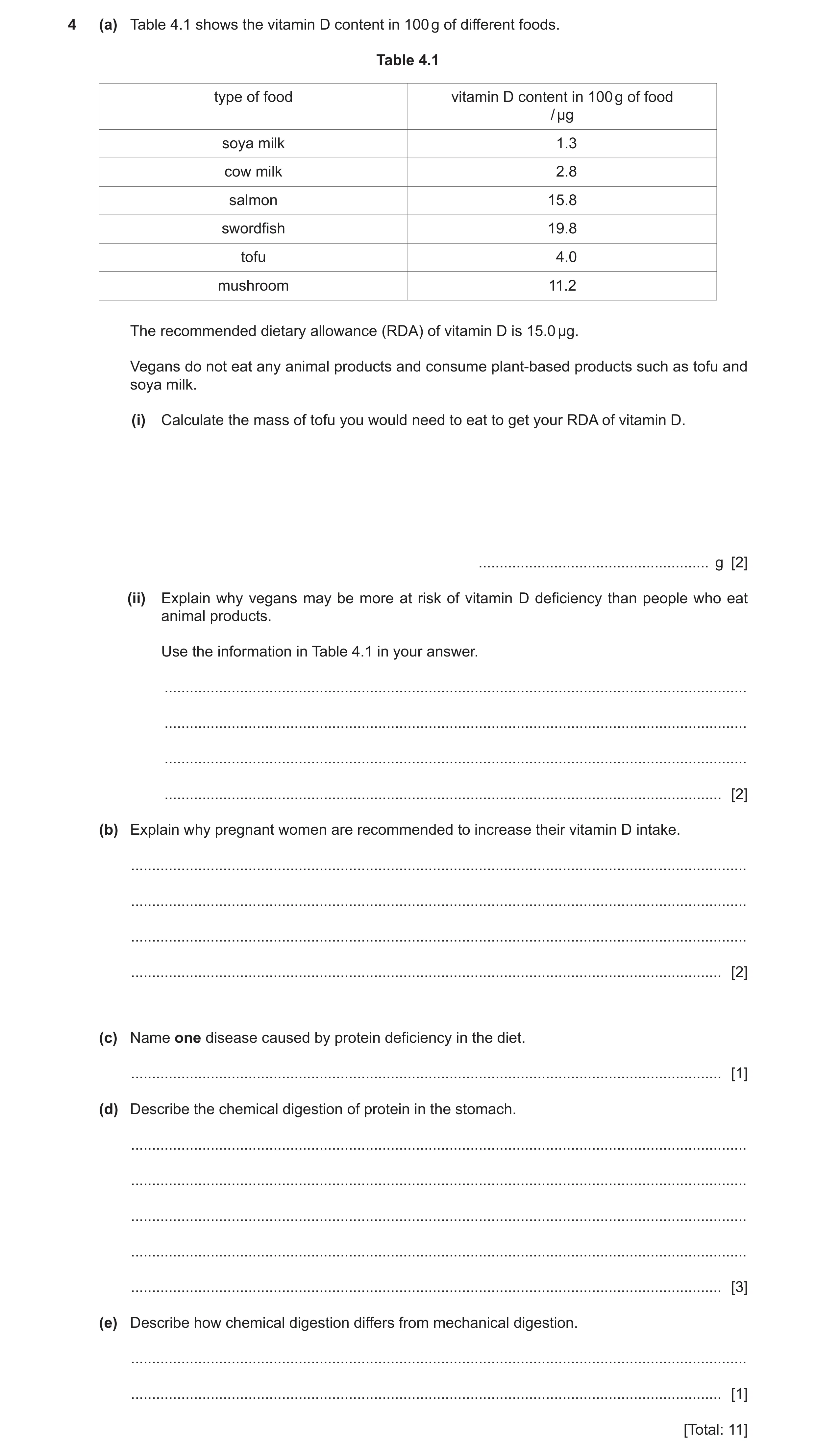 Question 4: (a) Table 4.1 shows the vitamin D content in 100 g of different foods. Table 4.1 type of food vitamin D content in 100 g of food / µg soya …