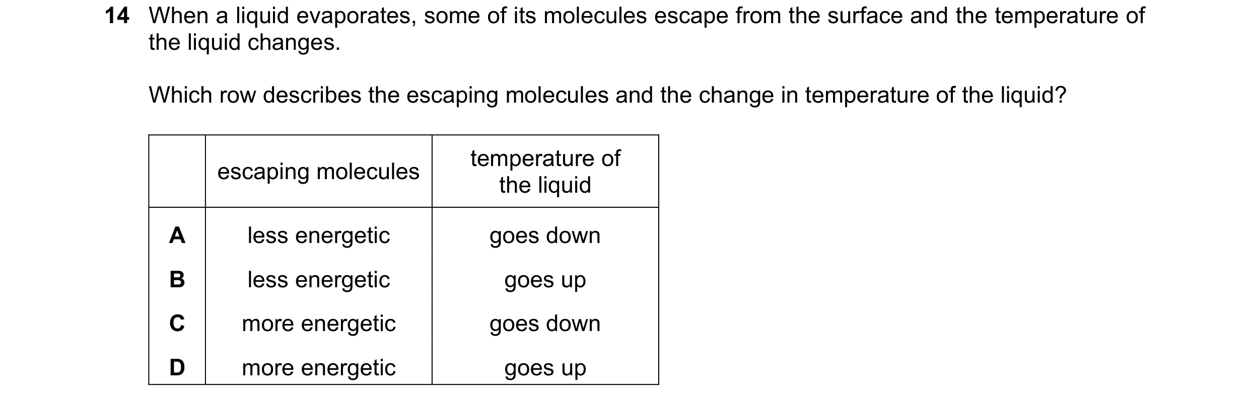 Question 19: When a liquid evaporates, some of its molecules escape from the surface and the temperature of the liquid changes. Which row describes the …