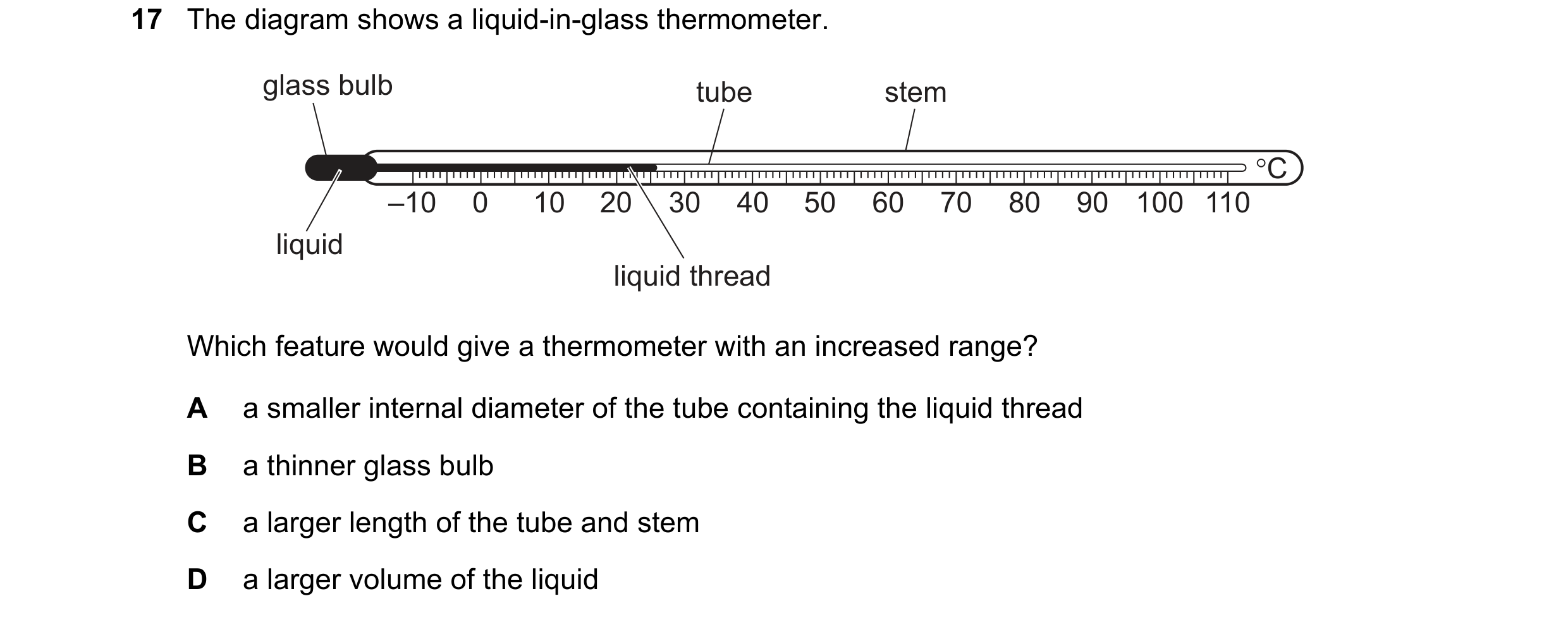 Question 13: The diagram shows a liquid-in-glass thermometer. glass bulb tube stem °C –10 0 10 20 30 40 50 60 70 80 90 100 110 liquid liquid thread Whic…