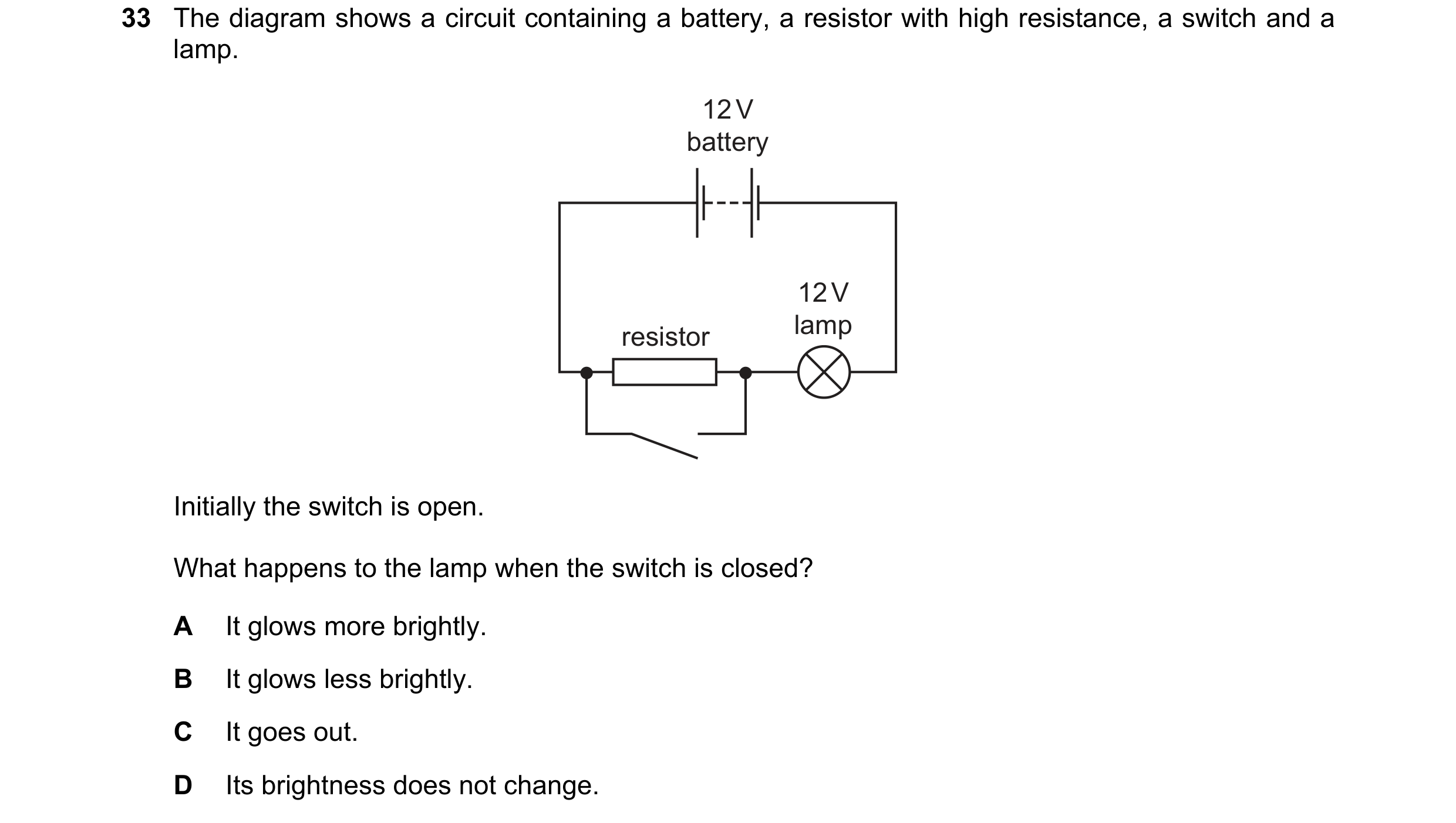 Question 23: The diagram shows a circuit containing a battery, a resistor with high resistance, a switch and a lamp. 12 V battery 12 V resistor lamp Ini…