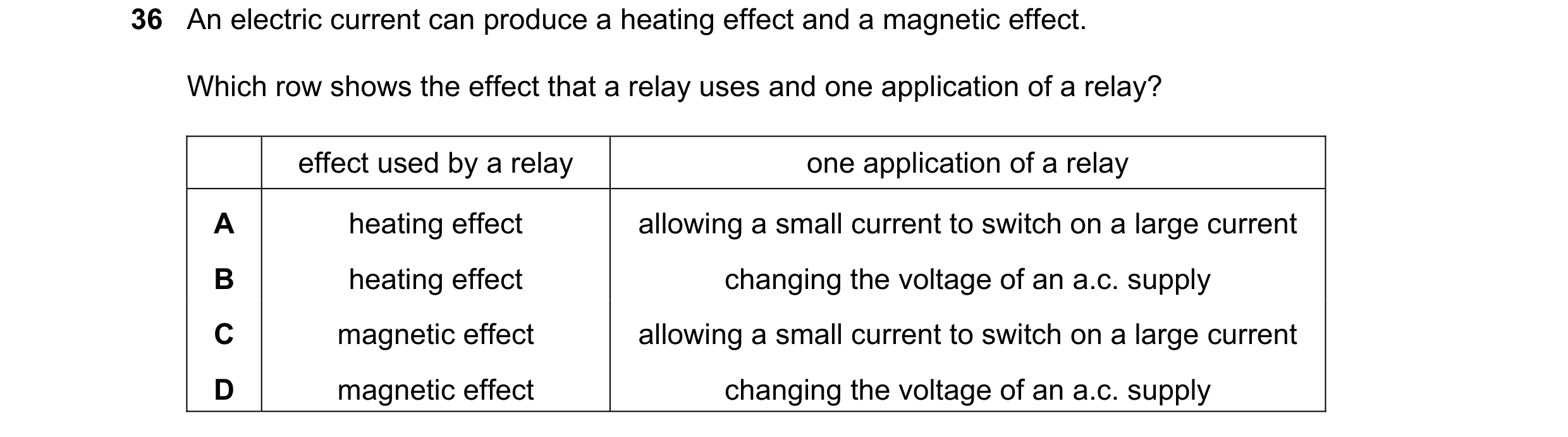 Question 12: An electric current can produce a heating effect and a magnetic effect. Which row shows the effect that a relay uses and one application of…