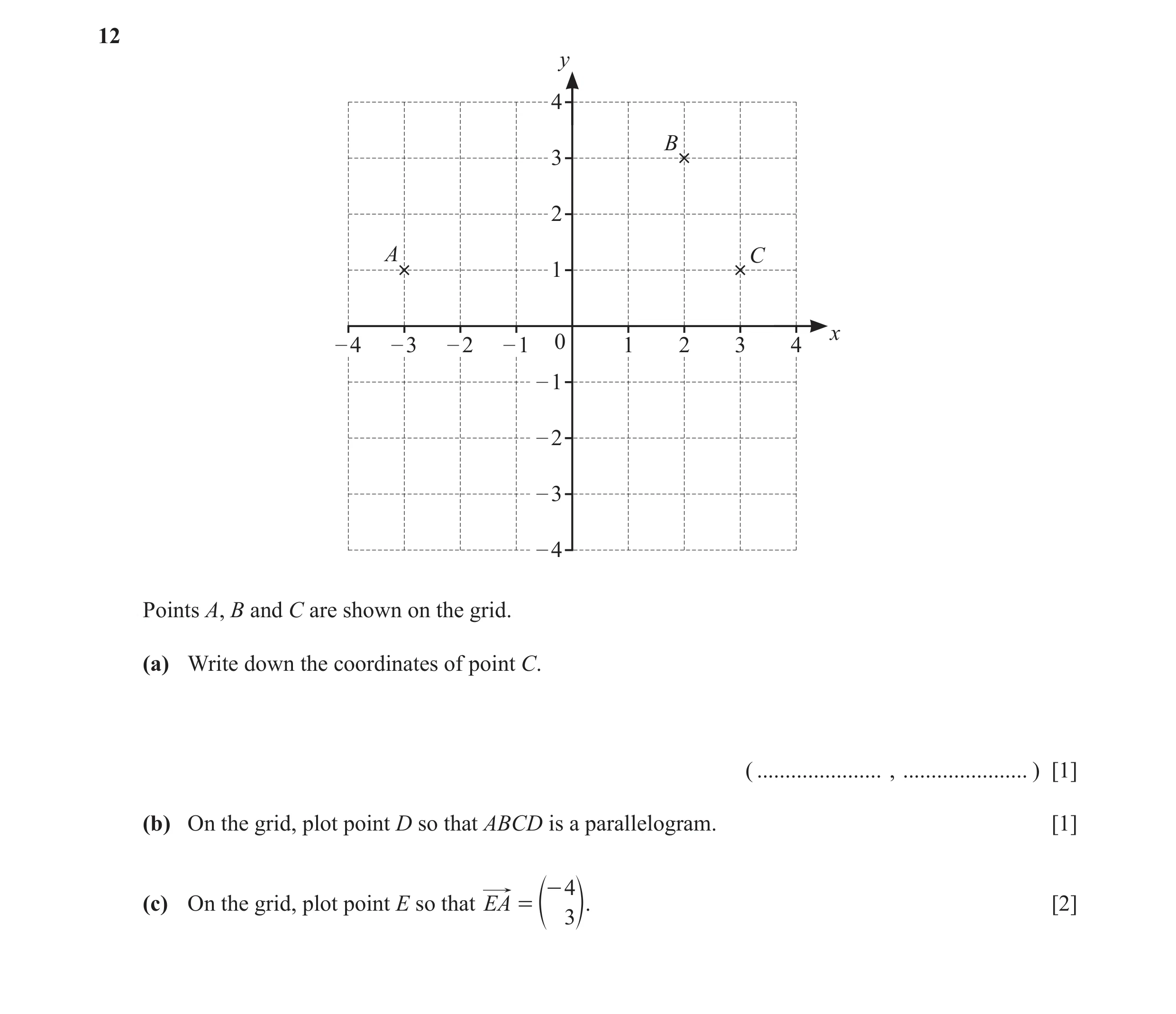 Question 30: y 4 B 3 2 A C 1 x – 4 – 3 – 2 – 1 0 1 2 3 4 – 1 – 2 – 3 – 4 Points A, B and C are shown on the grid. (a) Write down the coordinates of poin…