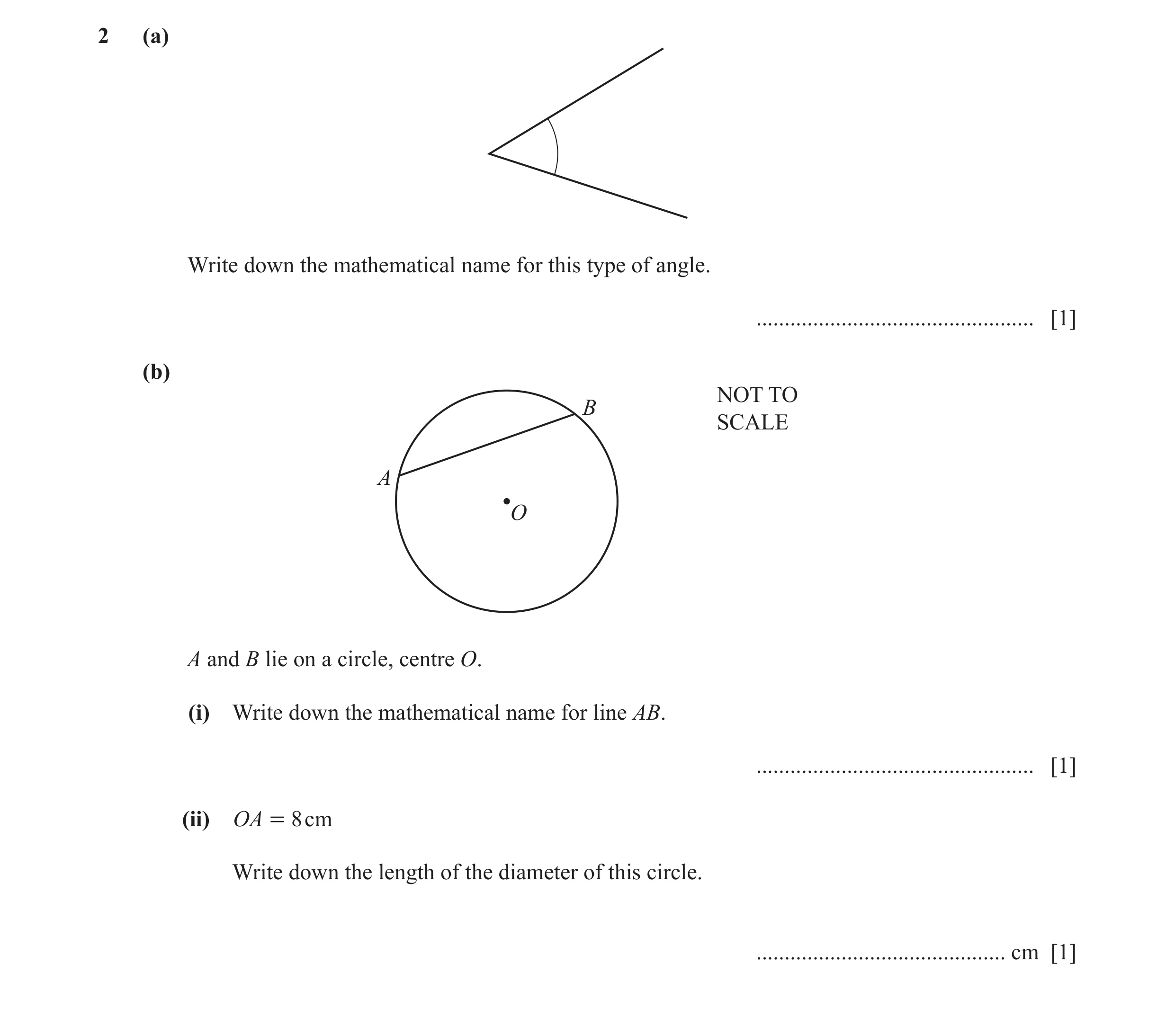 Question 87: (a) Write down the mathematical name for this type of angle. ................................................. [1] (b) NOT TO B SCALE A O A…