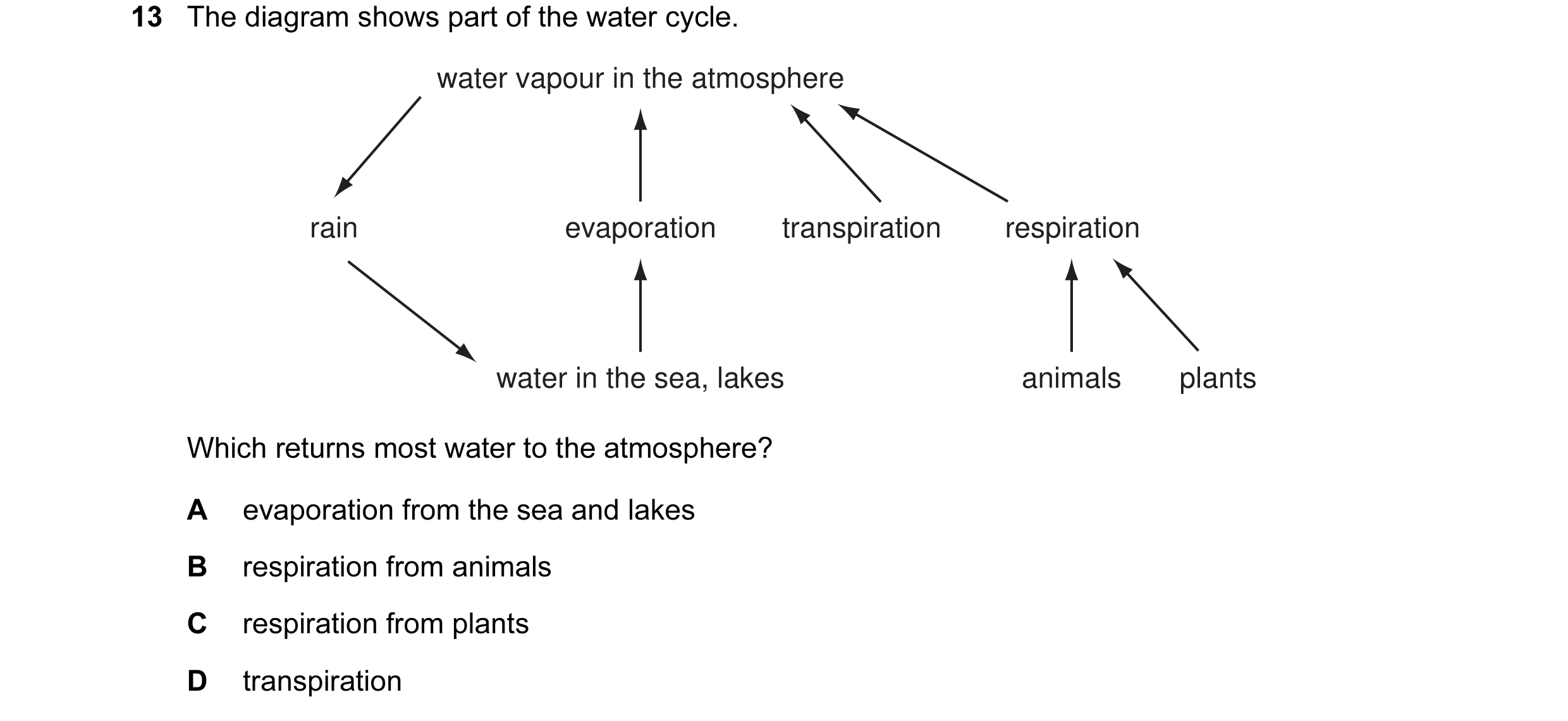 Question 6: The diagram shows part of the water cycle. water vapour in the atmosphere rain evaporation transpiration respiration water in the sea, lake…