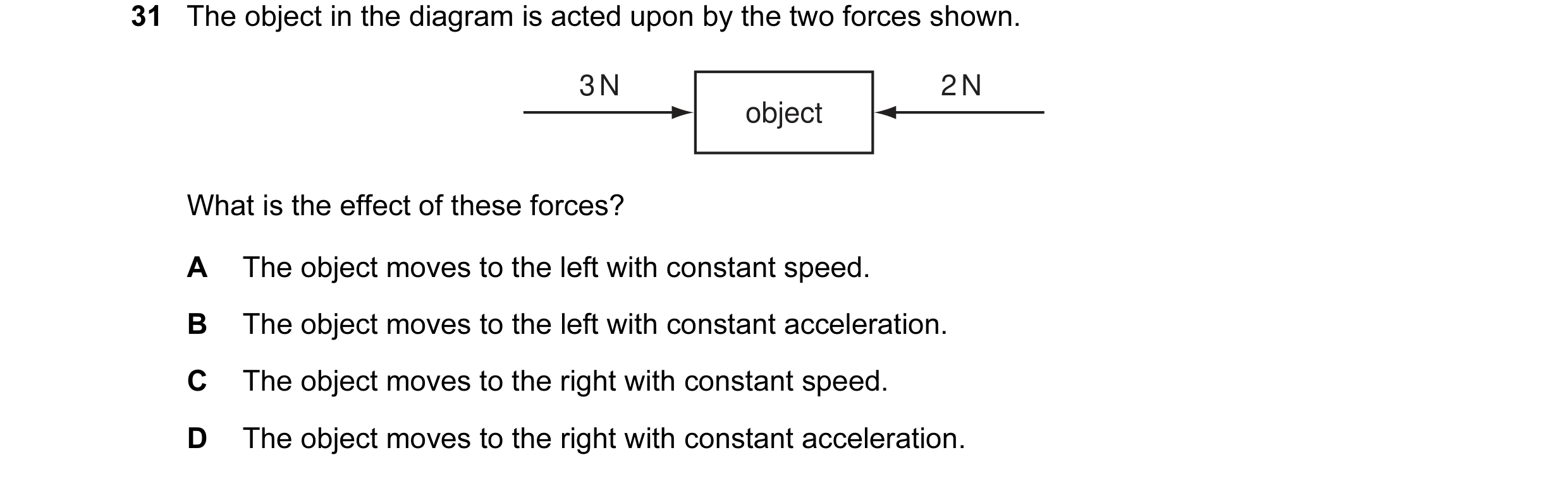 Question 6: The object in the diagram is acted upon by the two forces shown. 3 N 2 N object What is the effect of these forces? A The object moves to t…