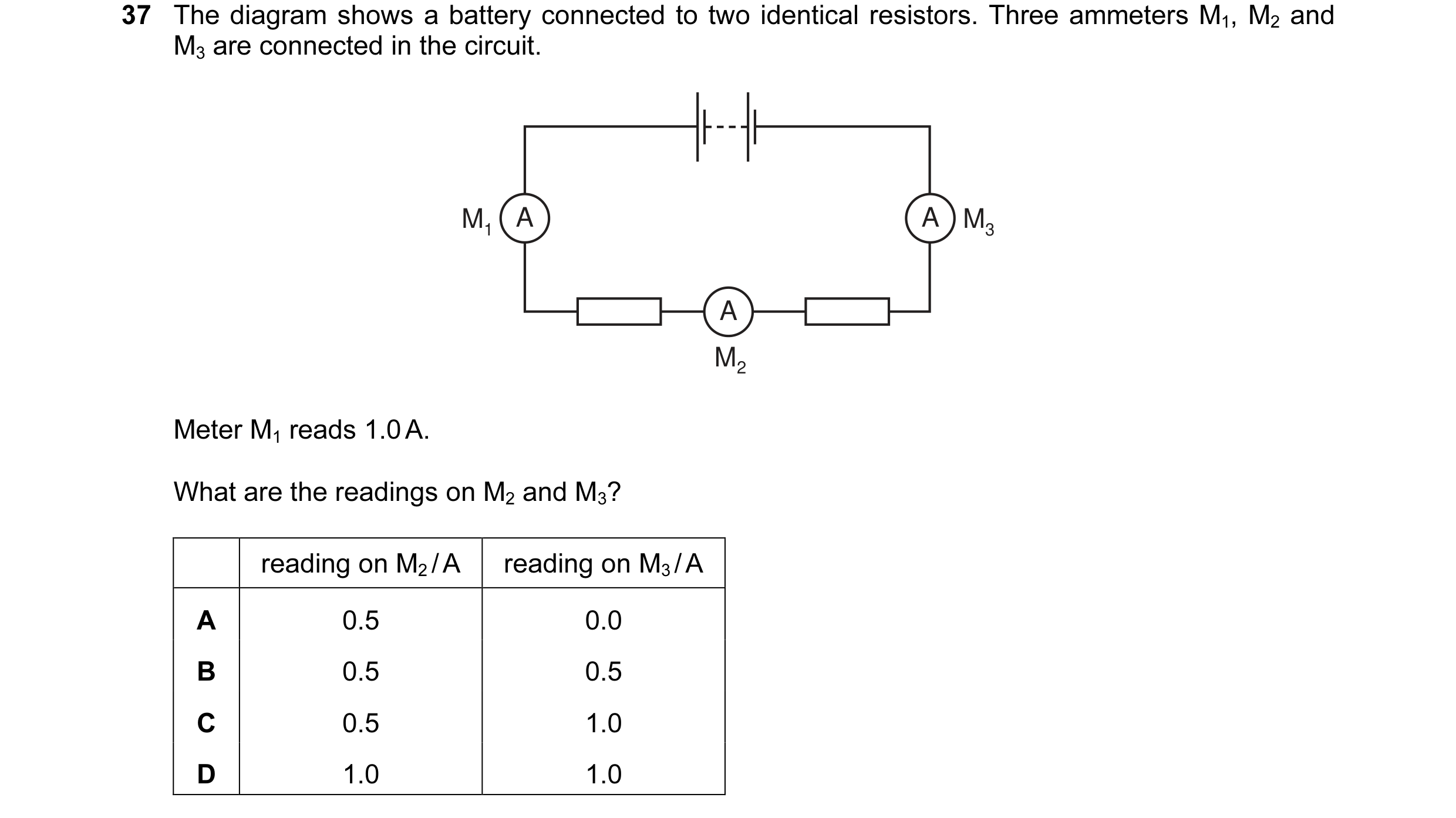 Question 13: The diagram shows a battery connected to two identical resistors. Three ammeters M1, M2 and M3 are connected in the circuit. M1 A A M3 A M2…