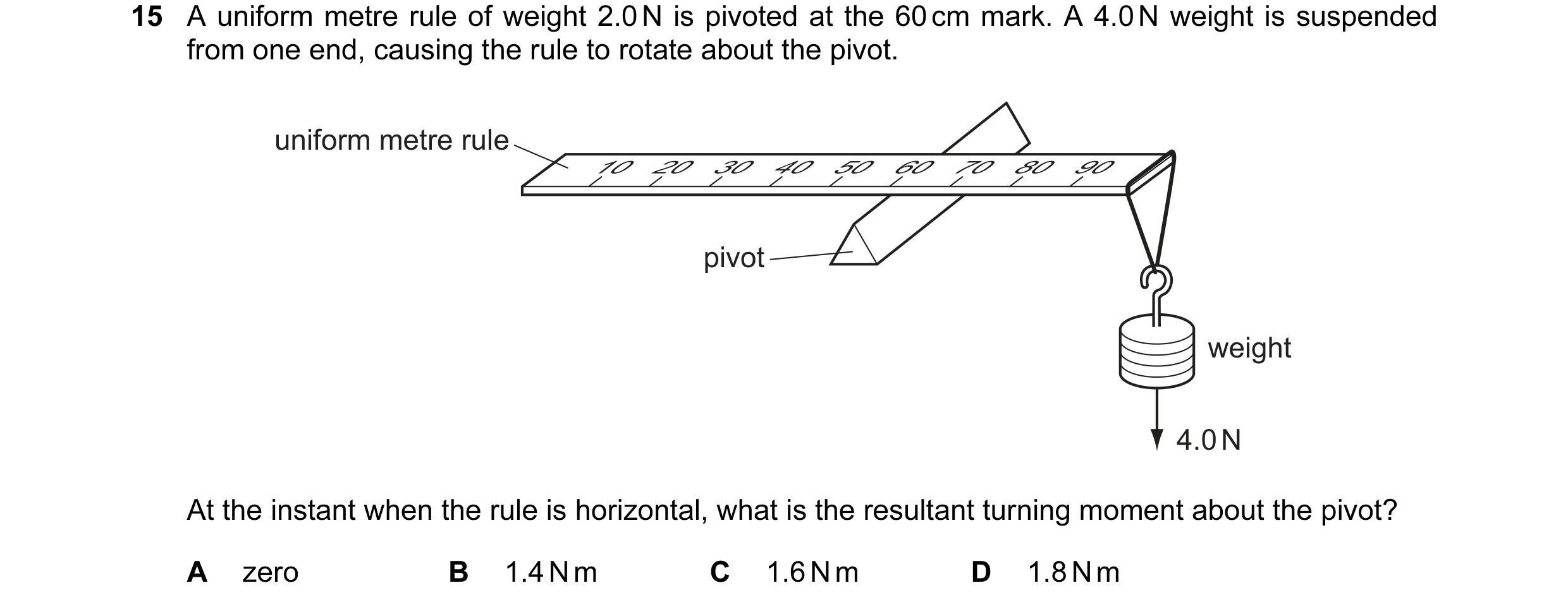 Question 38: A uniform metre rule of weight 2.0 N is pivoted at the 60 cm mark. A 4.0 N weight is suspended from one end, causing the rule to rotate abo…