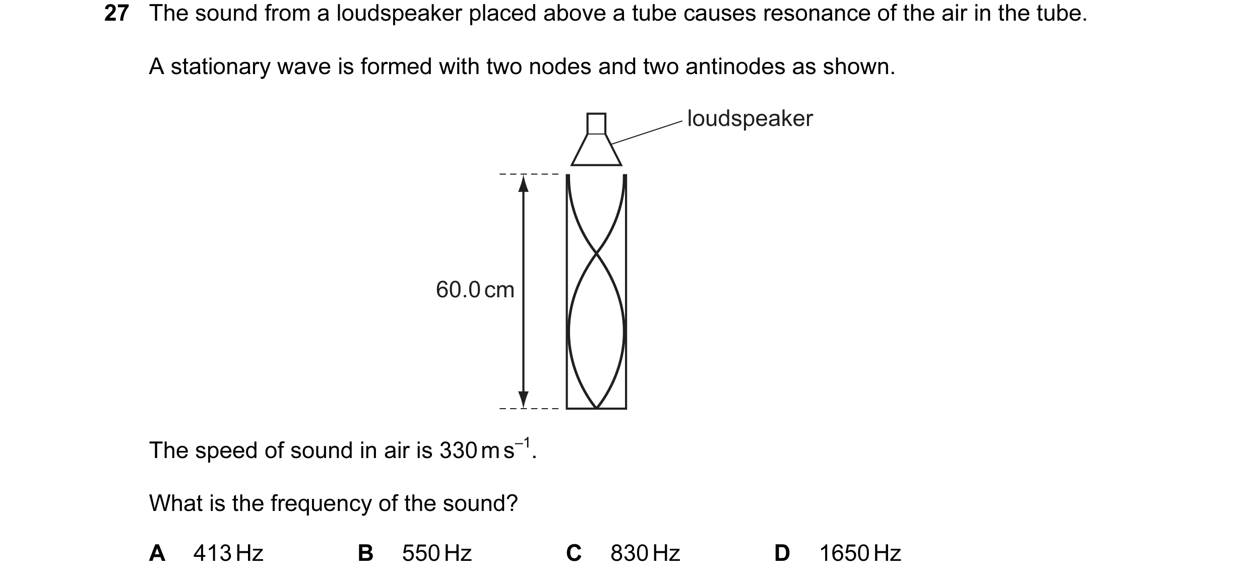 Question 34: The sound from a loudspeaker placed above a tube causes resonance of the air in the tube. A stationary wave is formed with two nodes and tw…