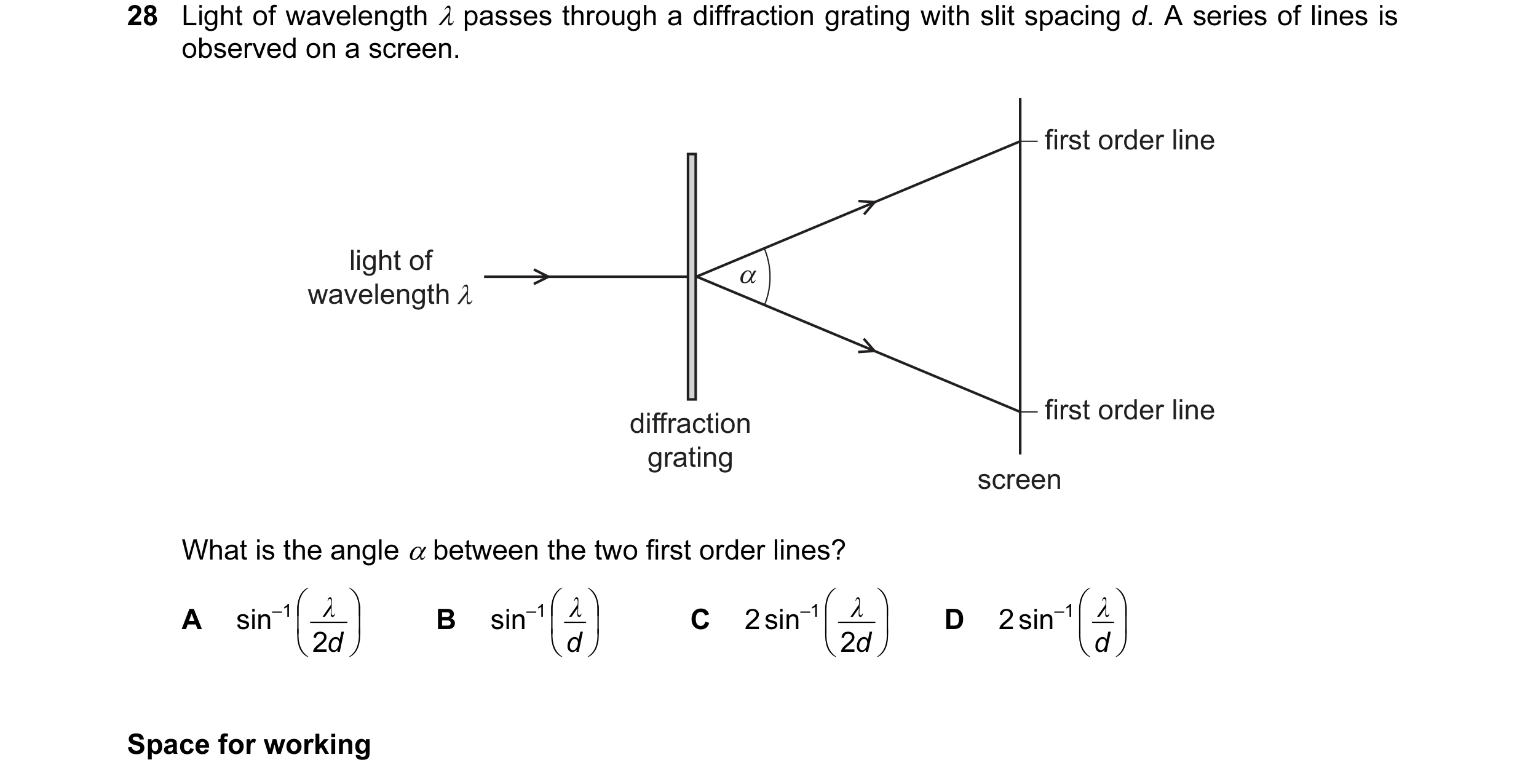 Question 17: Light of wavelength λ passes through a diffraction grating with slit spacing d. A series of lines is observed on a screen. first order line…