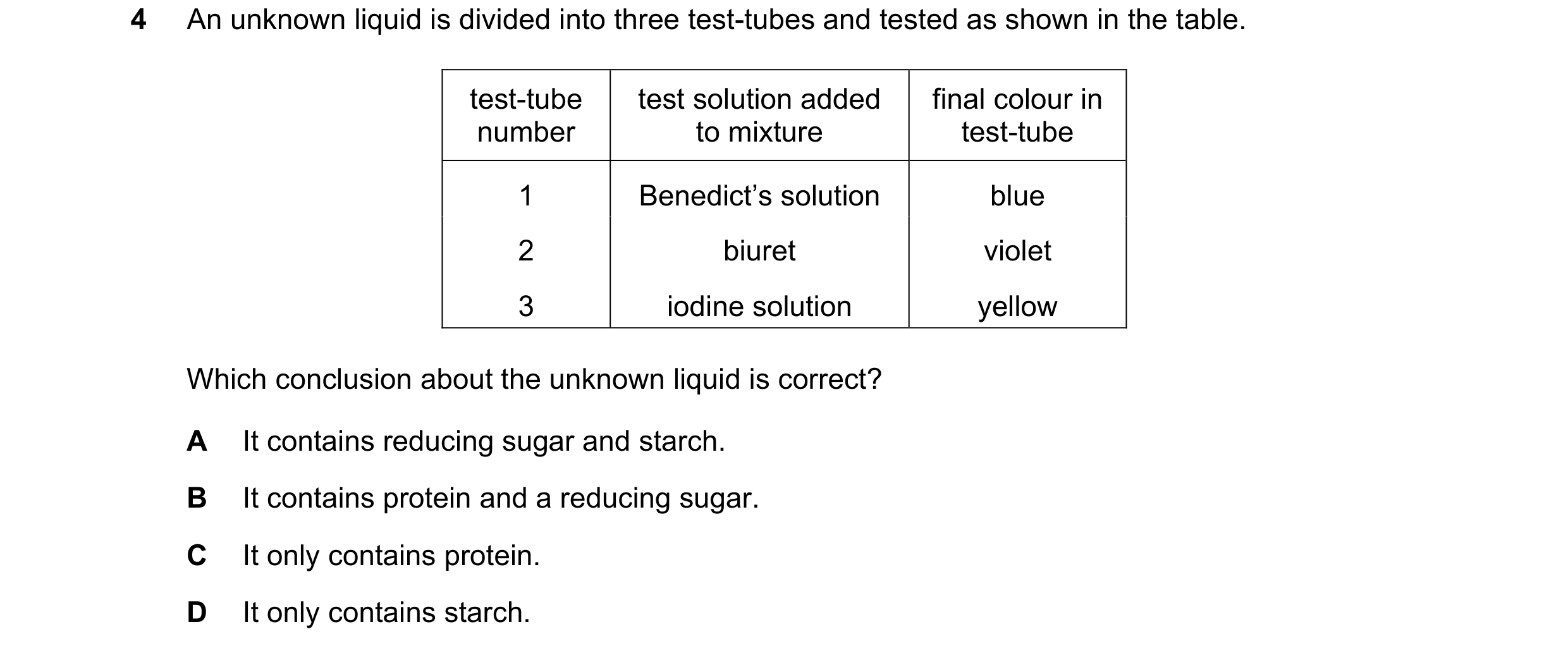Question 28: An unknown liquid is divided into three test-tubes and tested as shown in the table. test-tube test solution added final colour in number t…
