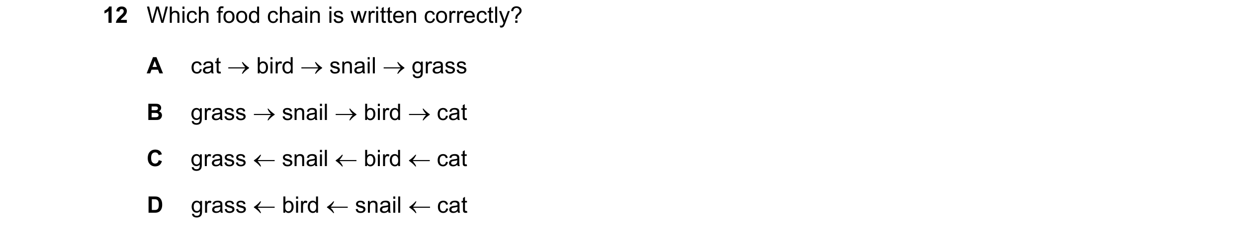 Question 38: Which food chain is written correctly? A cat bird snail grass B grass snail bird cat C grass snail bird cat D grass bir…