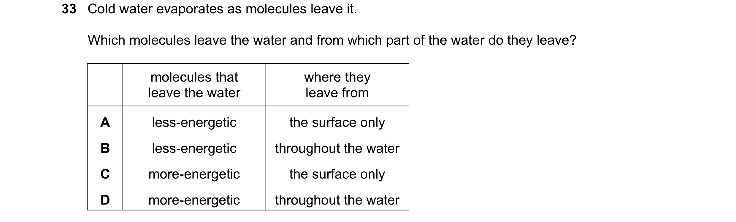 Question 51: Cold water evaporates as molecules leave it. Which molecules leave the water and from which part of the water do they leave? molecules that…