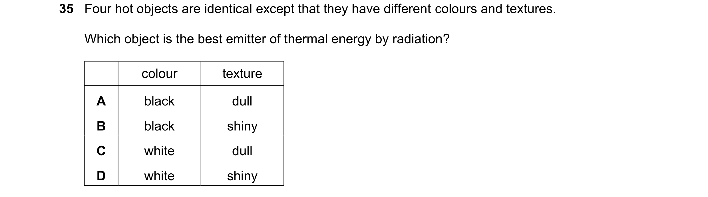 Question 48: Four hot objects are identical except that they have different colours and textures. Which object is the best emitter of thermal energy by …