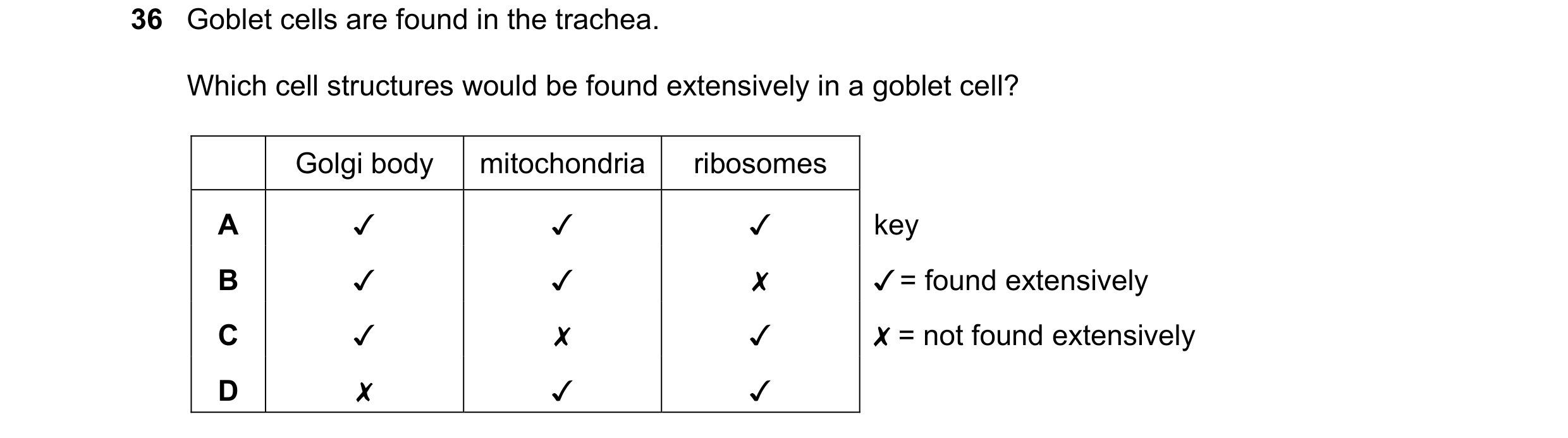 Question 281: Goblet cells are found in the trachea.

Which cell structures would be found extensively in a goblet cell?

Golgi body | mitochondria | rib…