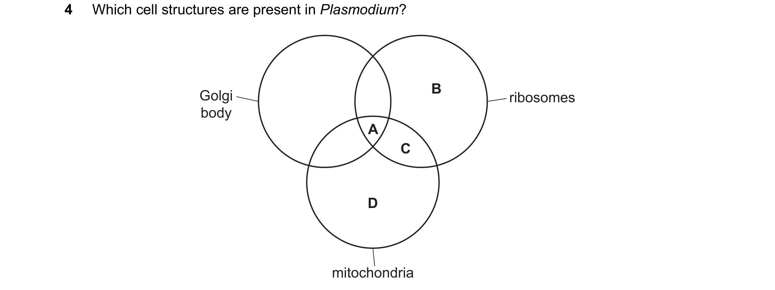 Question 279: Which cell structures are present in Plasmodium? B Golgi ribosomes body A C D mitochondria