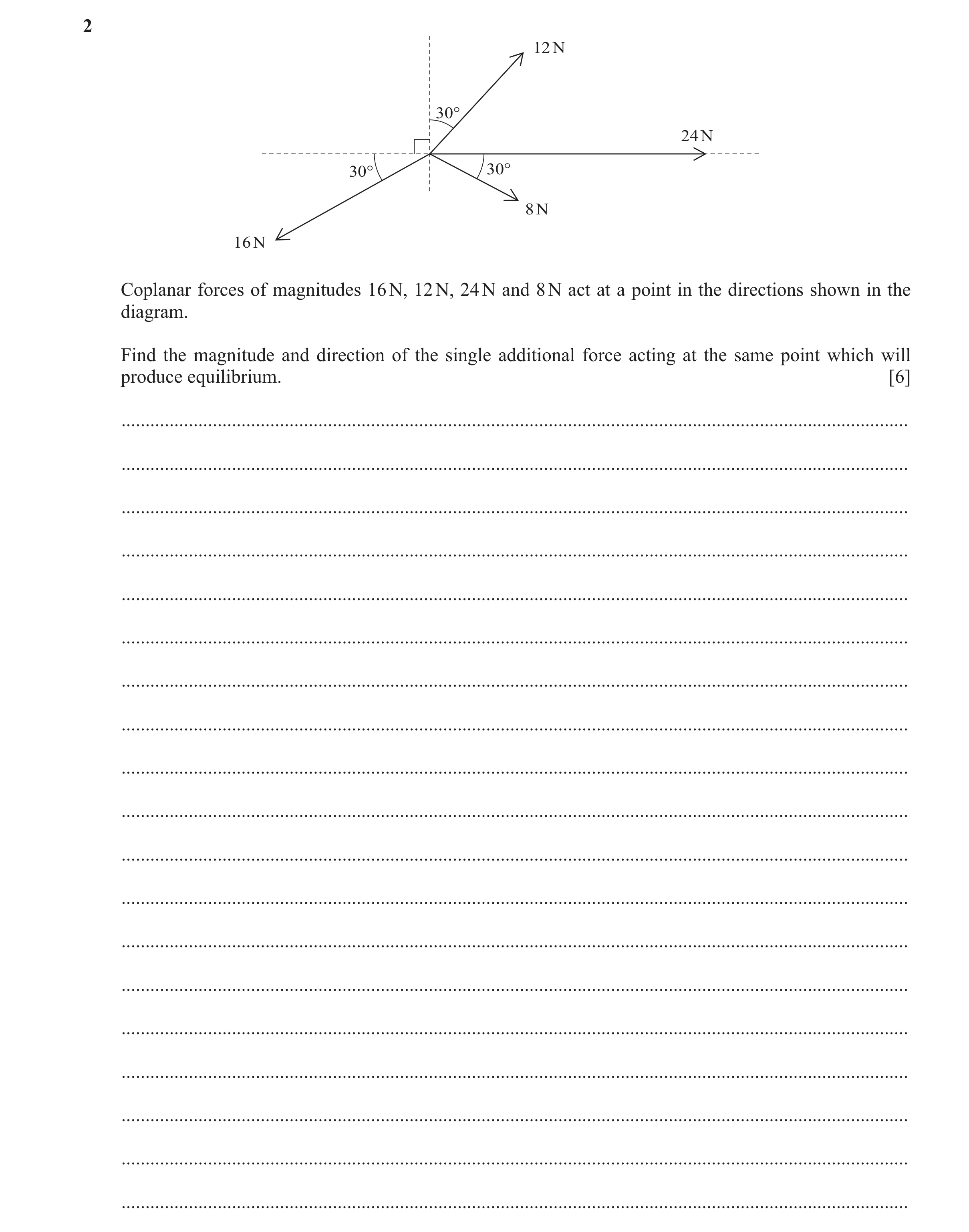 Question 200: 12 N 30° 24 N 30° 30° 8 N 16 N Coplanar forces of magnitudes 16 N, 12 N, 24 N and 8 N act at a point in the directions shown in the diagram…