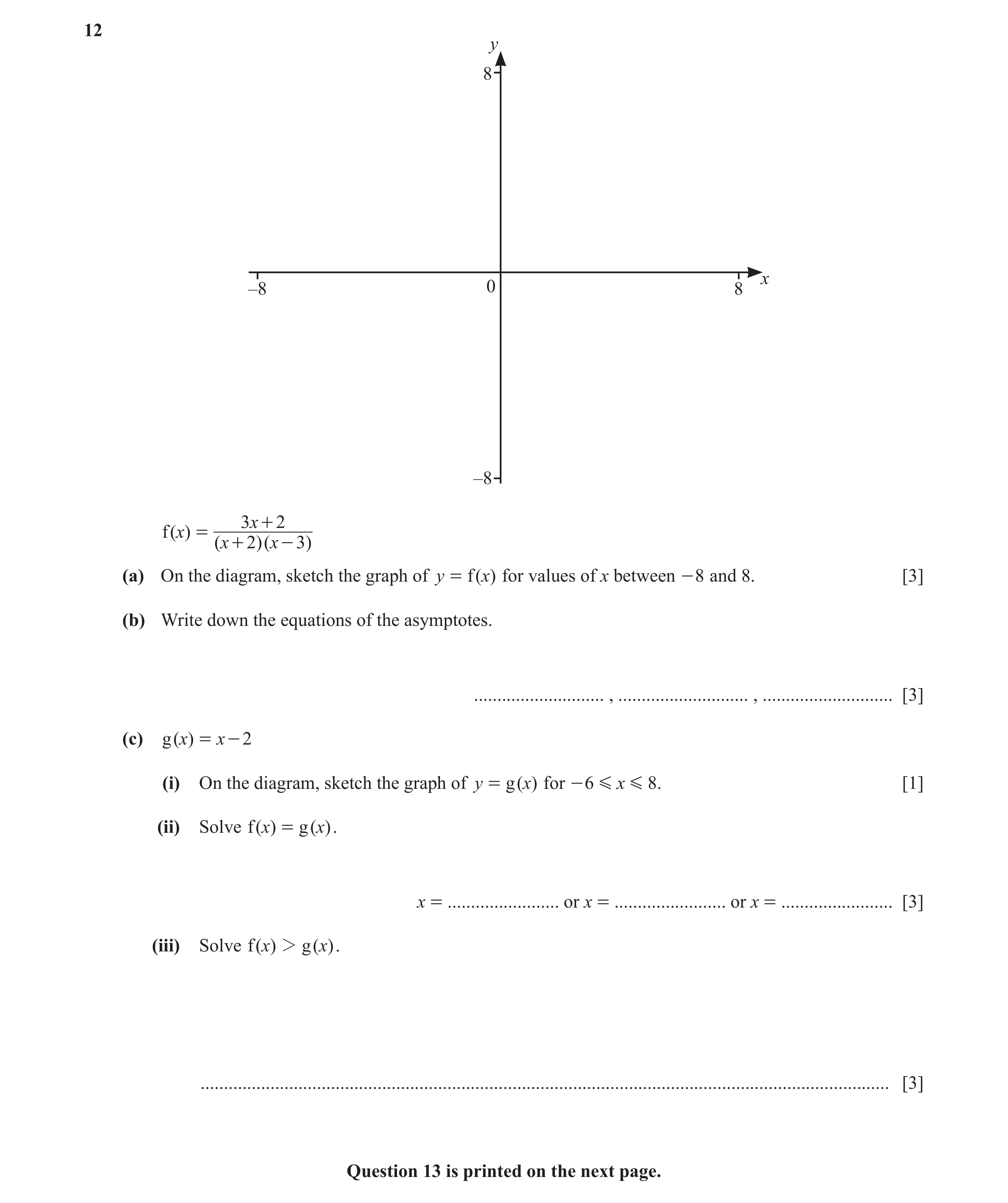 Question 20: y 8 x –8 0 8 –8 3x + 2 f (x) = (x + 2)(x - 3) (a) On the diagram, sketch the graph of y = f ( x) for values of x between - 8 and 8. [3] (b)…