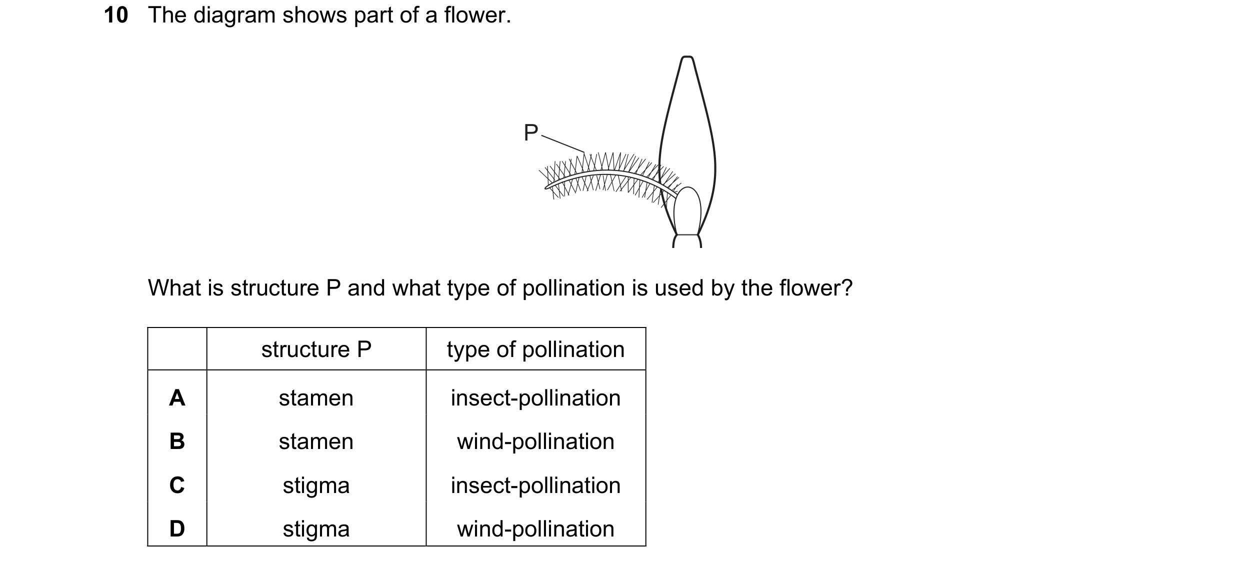 Question 3: The diagram shows part of a flower. P What is structure P and what type of pollination is used by the flower? structure P type of pollinati…