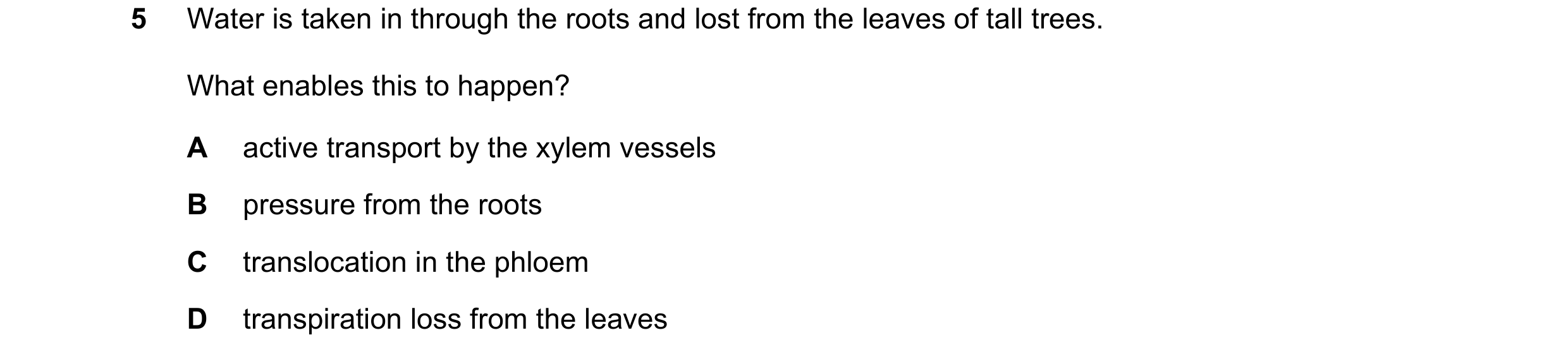 Question 3: Water is taken in through the roots and lost from the leaves of tall trees. What enables this to happen? A active transport by the xylem ve…
