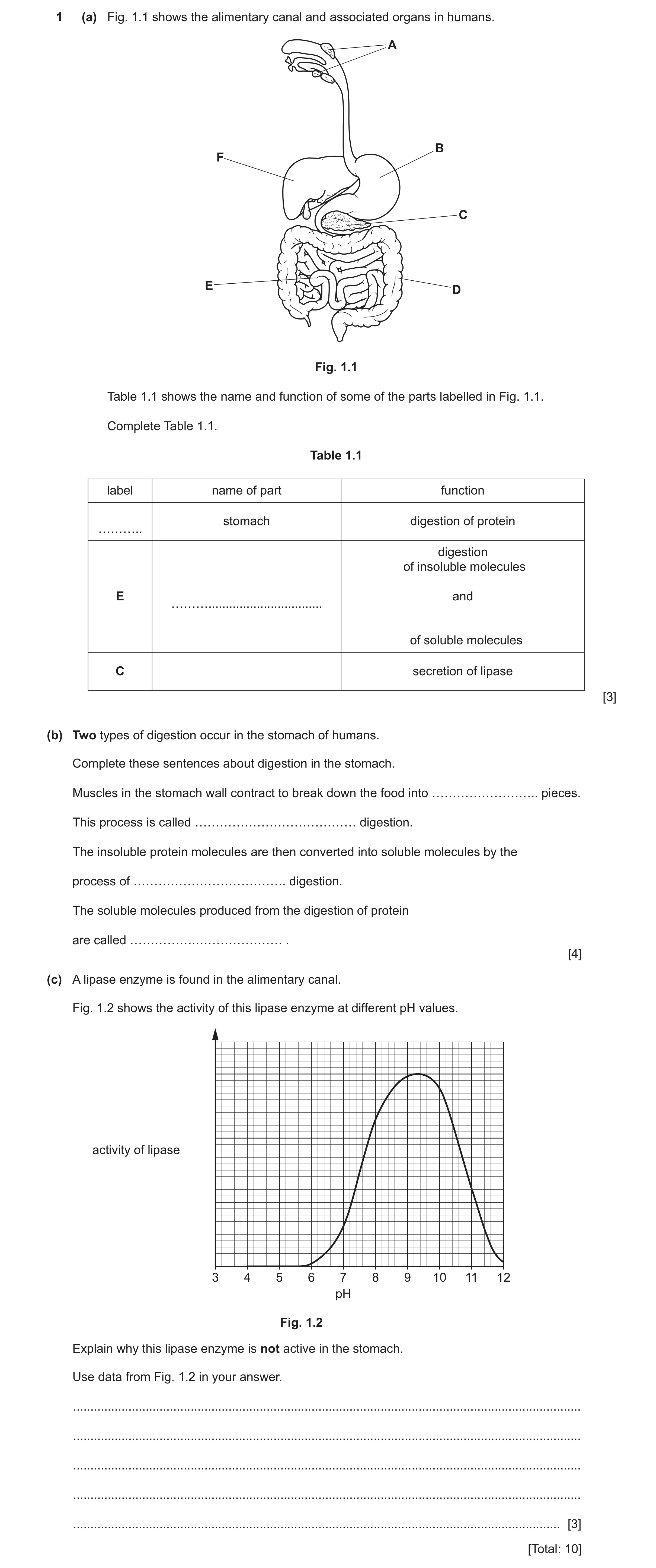 Question 17: (a) Fig. 1.1 shows the alimentary canal and associated organs in humans. A B F C E D Fig. 1.1 Table 1.1 shows the name and function of some…
