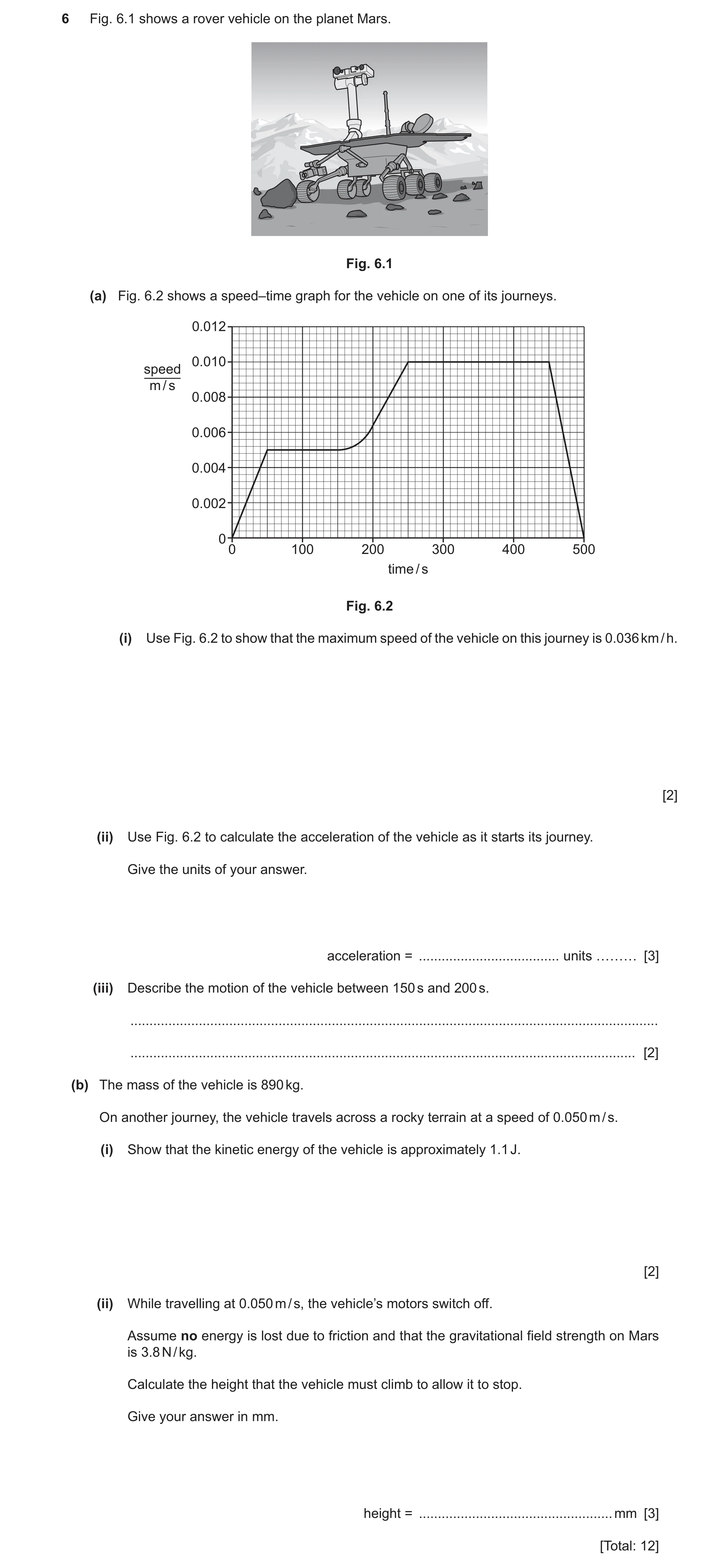 Question 35: Fig. 6.1 shows a rover vehicle on the planet Mars. Fig. 6.1 (a) Fig. 6.2 shows a speed–time graph for the vehicle on one of its journeys. 0…