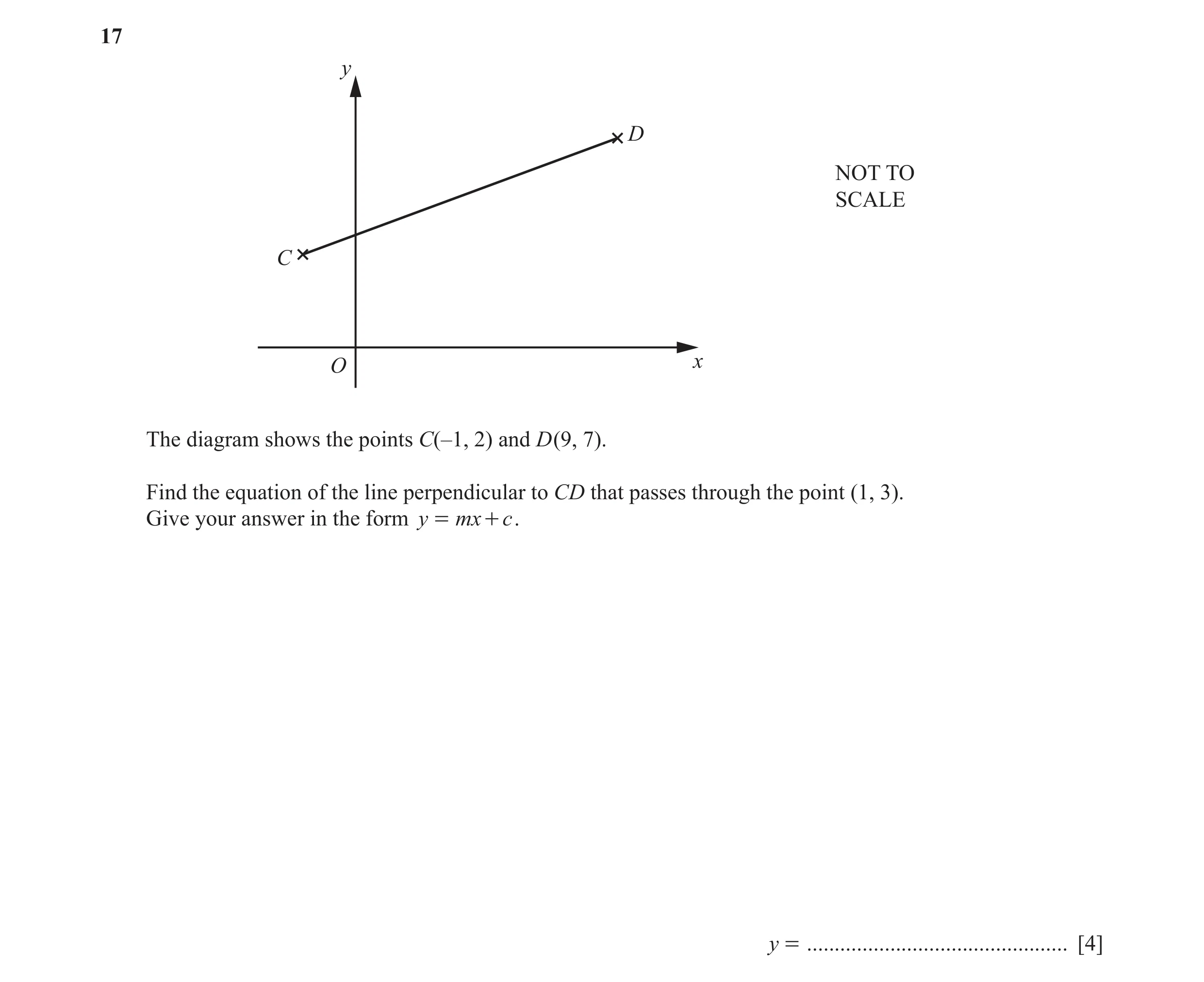 Question 23: y D NOT TO SCALE C O x The diagram shows the points C(–1, 2) and D(9, 7). Find the equation of the line perpendicular to CD that passes thr…