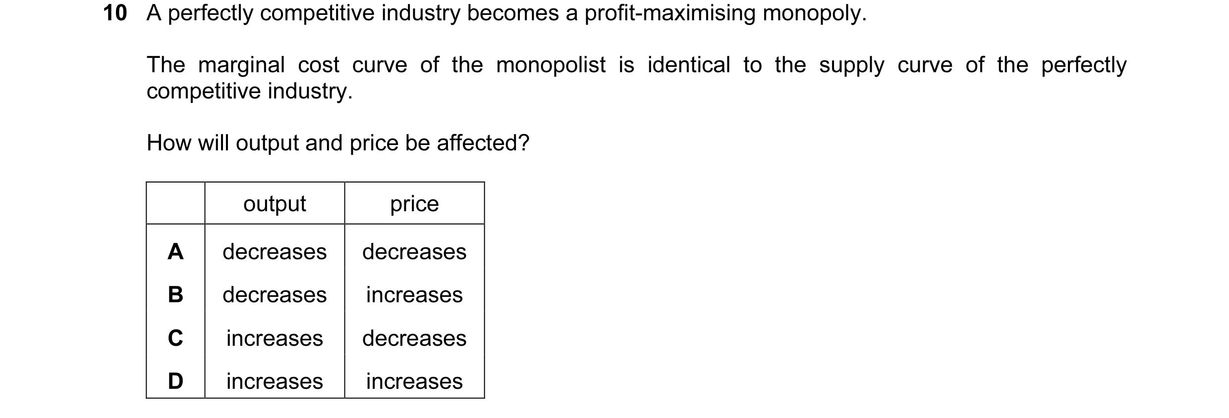 Question 72: A perfectly competitive industry becomes a profit-maximising monopoly. The marginal cost curve of the monopolist is identical to the supply…