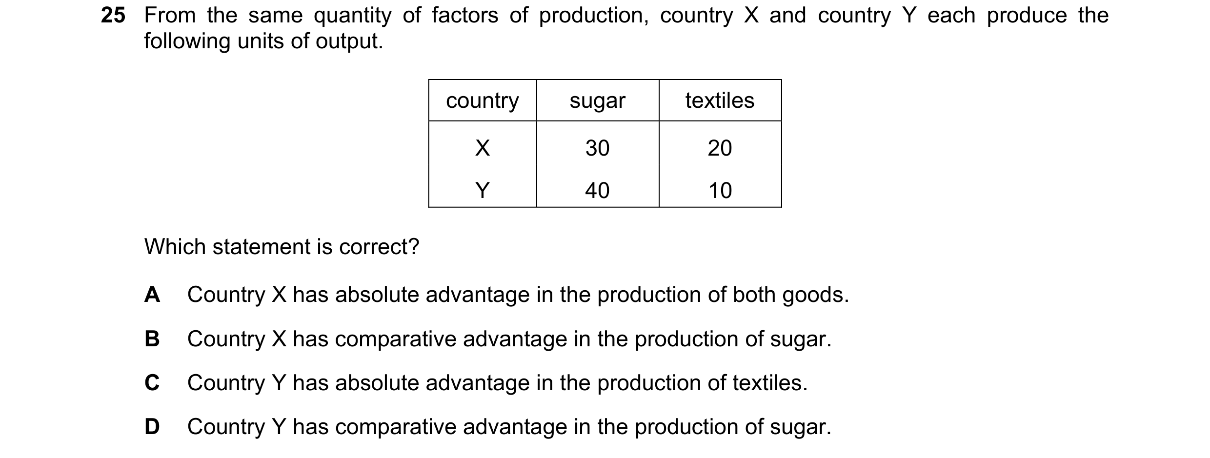 Question 162: From the same quantity of factors of production, country X and country Y each produce the following units of output. country sugar textiles…