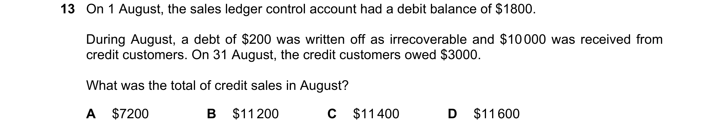 Question 51: On 1 August, the sales ledger control account had a debit balance of $1800. During August, a debt of $200 was written off as irrecoverable …