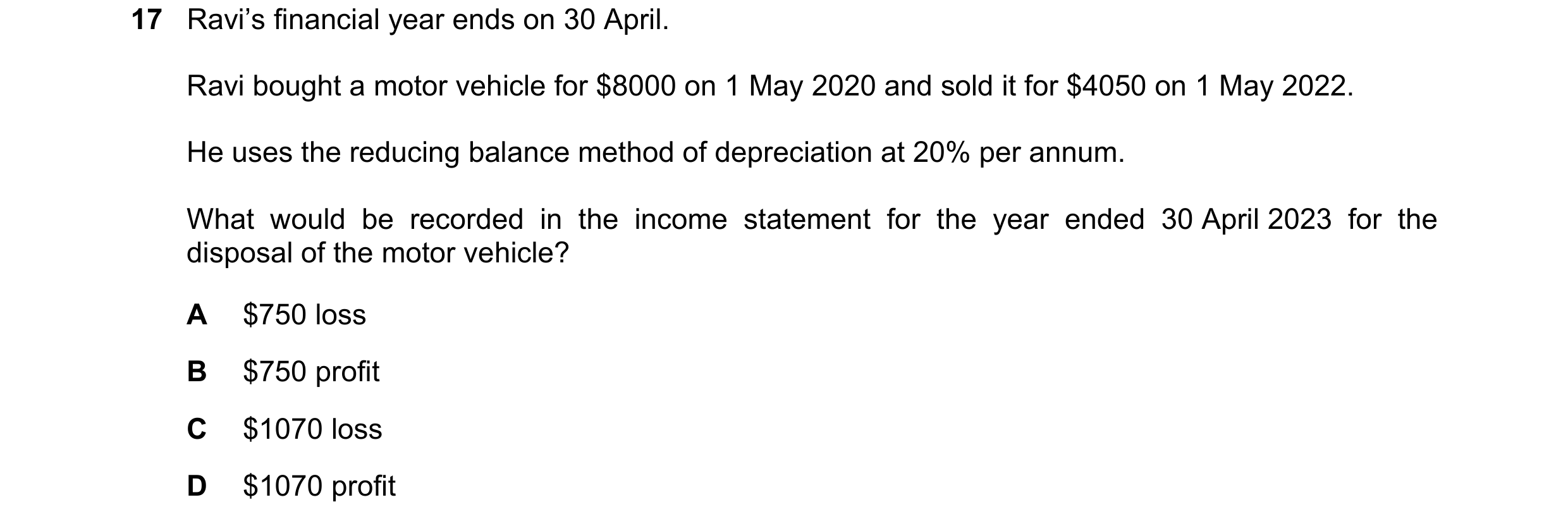 Question 56: Ravi’s financial year ends on 30 April. Ravi bought a motor vehicle for $8000 on 1 May 2020 and sold it for $4050 on 1 May 2022. He uses th…