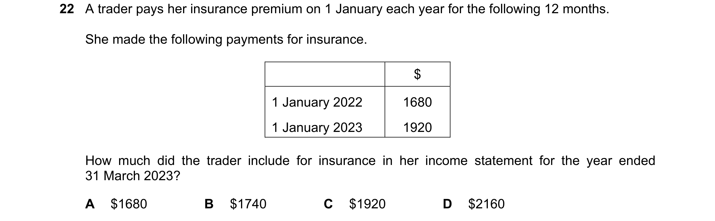 Question 43: A trader pays her insurance premium on 1 January each year for the following 12 months. She made the following payments for insurance. $ 1 …