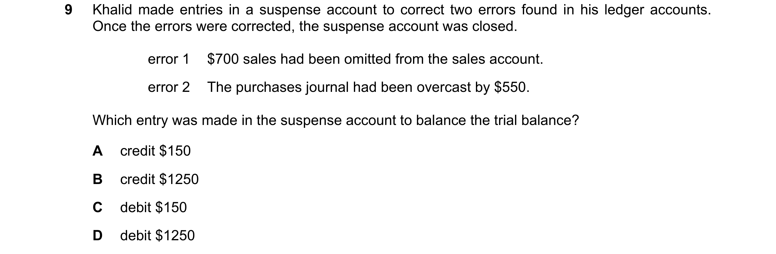 Question 85: Khalid made entries in a suspense account to correct two errors found in his ledger accounts. Once the errors were corrected, the suspense …