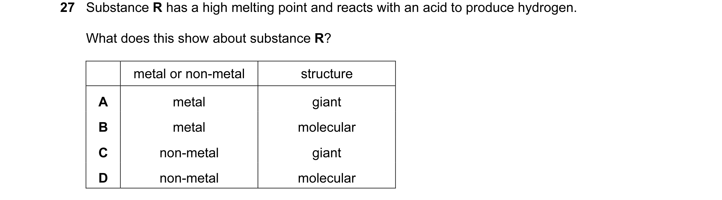 Question 2: Substance R has a high melting point and reacts with an acid to produce hydrogen. What does this show about substance R? metal or non-metal…