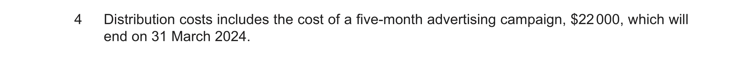 Question 57: Distribution costs includes the cost of a five-month advertising campaign, $22 000, which will end on 31 March 2024.