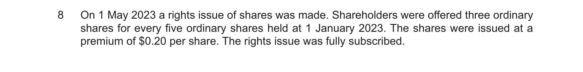 Question 9: On 1 May 2023 a rights issue of shares was made. Shareholders were offered three ordinary shares for every five ordinary shares held at 1 J…