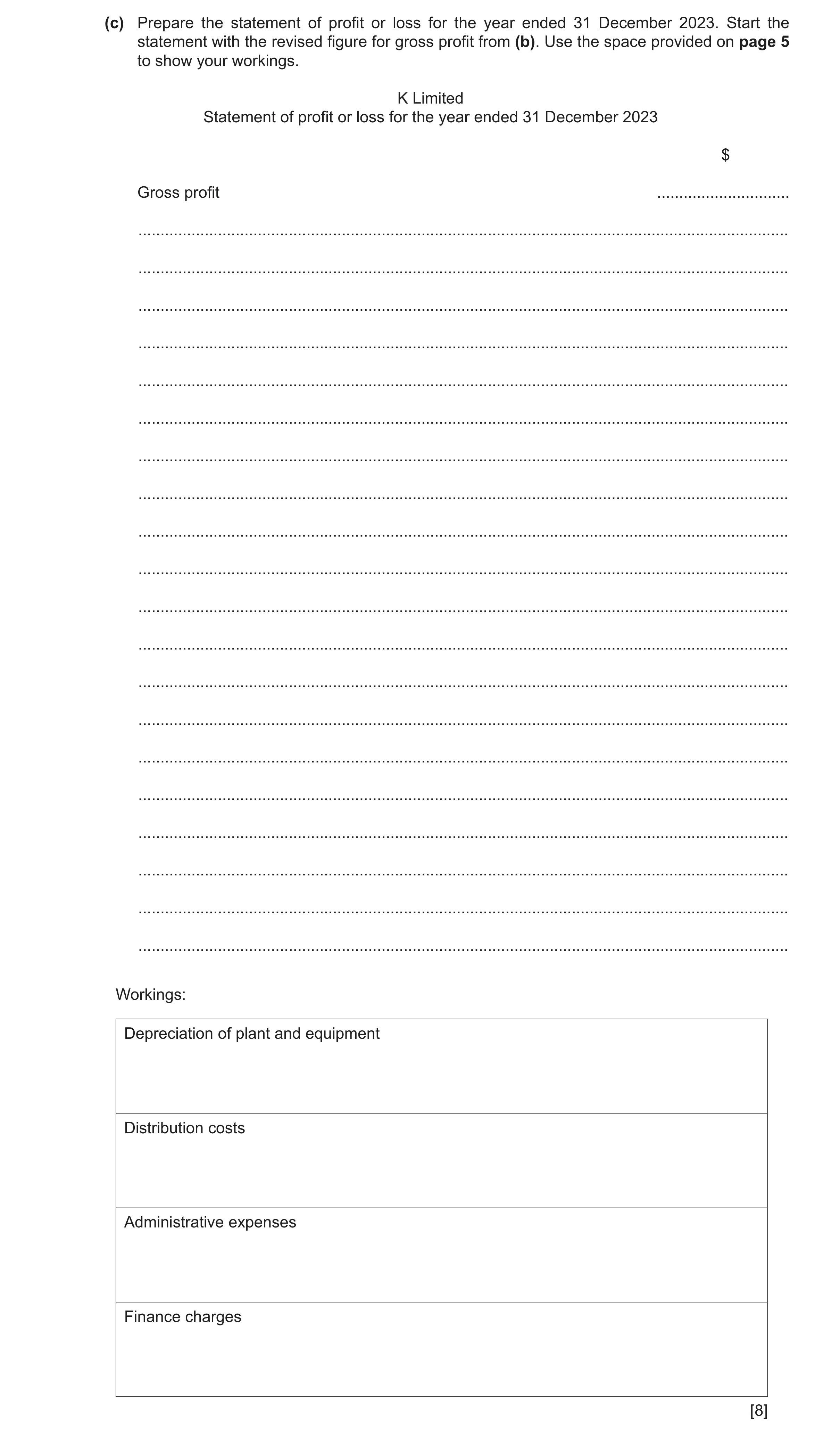 Question 85: (c) Prepare the statement of profit or loss for the year ended 31 December 2023. Start the statement with the revised figure for gross prof…