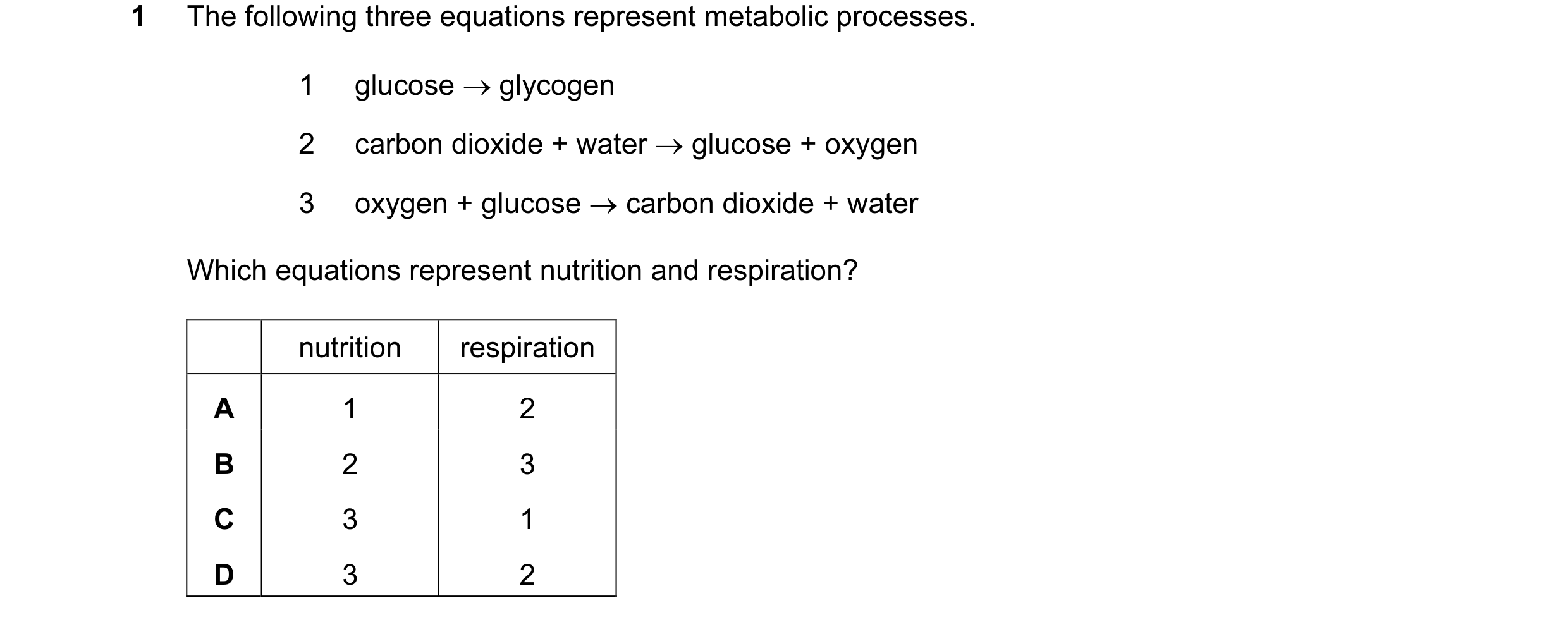 Question 34: The following three equations represent metabolic processes. 1 glucose → glycogen 2 carbon dioxide + water → glucose + oxygen 3 oxygen + gl…