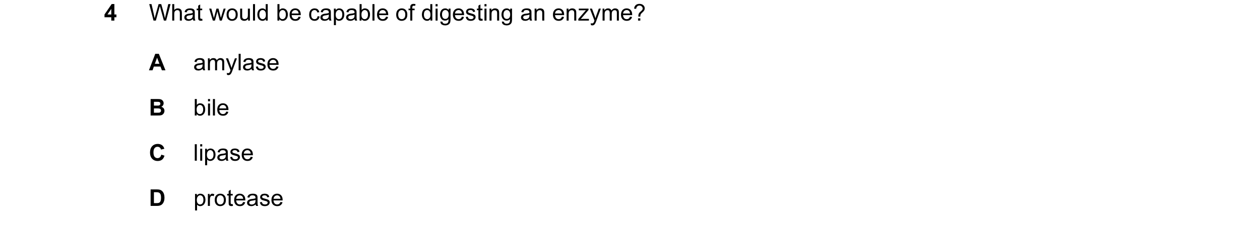 Question 12: What would be capable of digesting an enzyme? A amylase B bile C lipase D protease